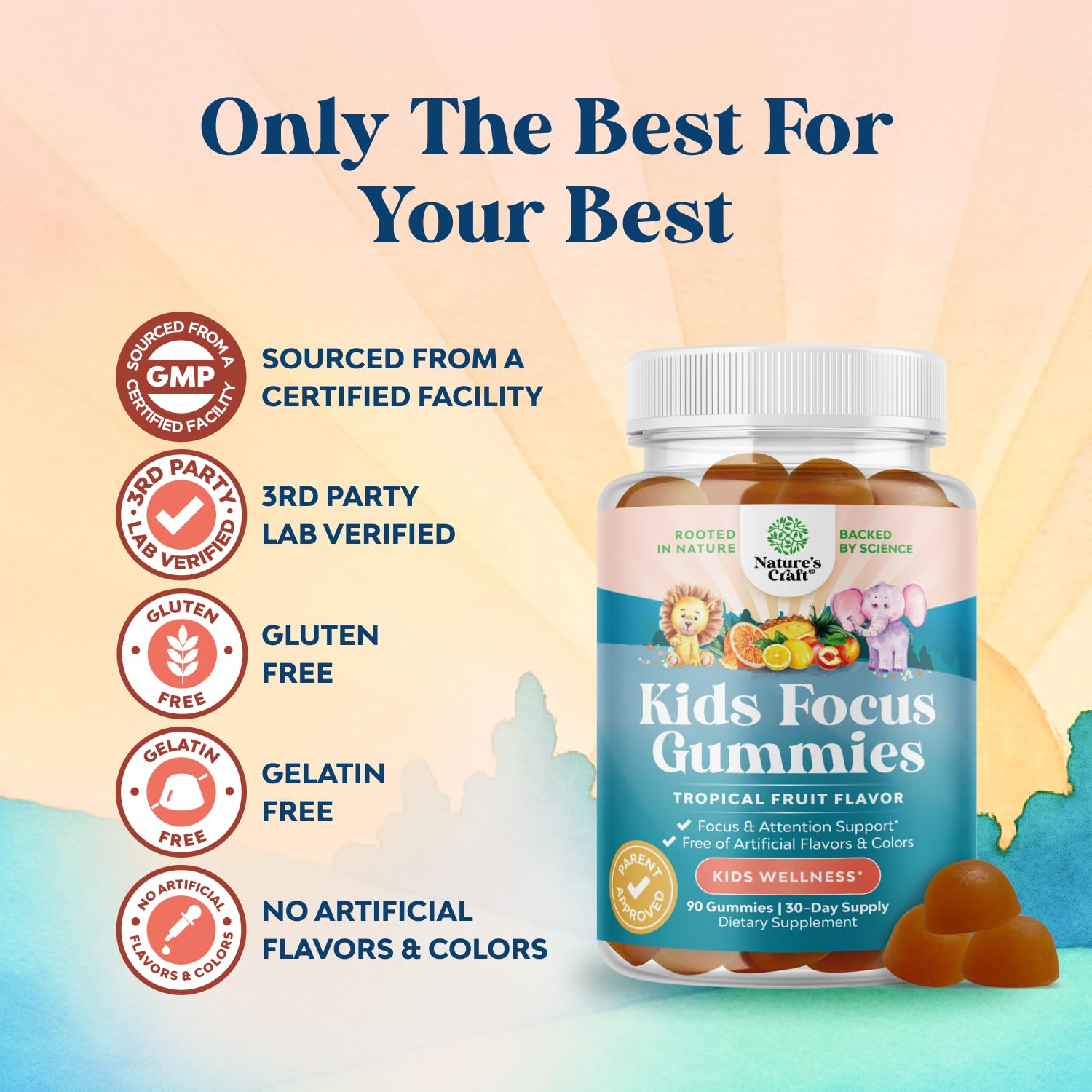 Kids Focus Gummies - Nootropics Brain Support Supplement for Kids with Green Tea Extract, B6 & B12 Vitamins for Memory and Brain Focus - Herbal Concentration Chews for Children - 90 Count Natures Craft buy supplements canada