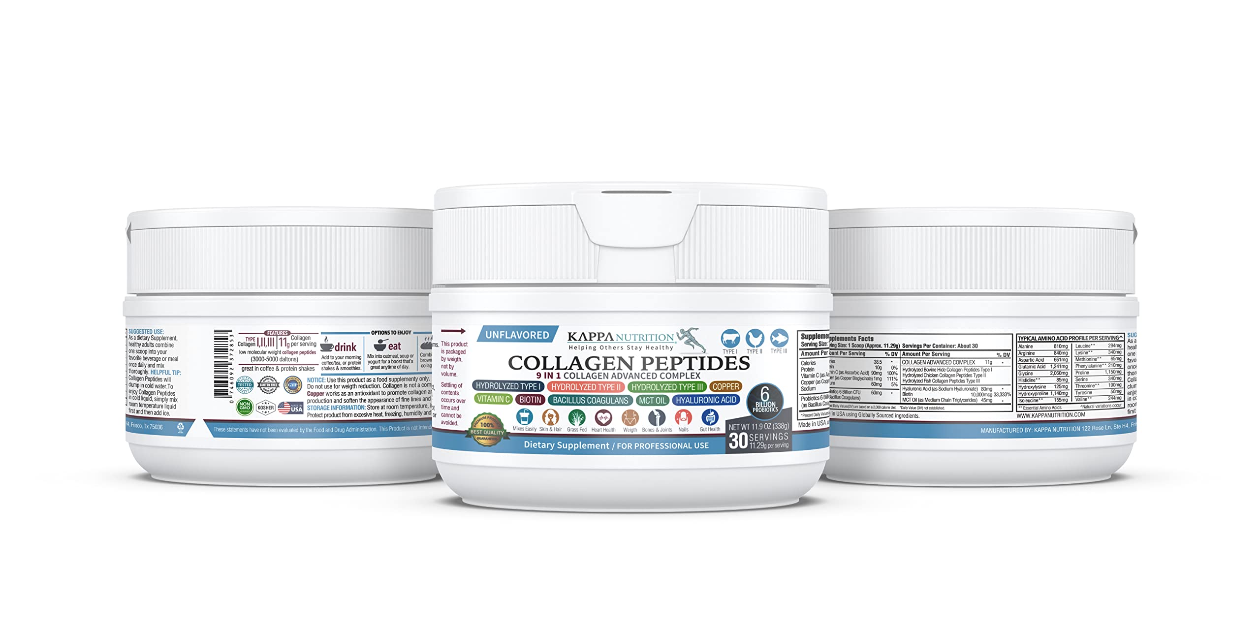 KAPPA NUTRITION Collagen Type I, II, III, 6 Billion Probiotic Acid Resistance, Hyaluronic Acid, Vitamin C, Biotin, Copper and MCT Oil, Beautiful Hair, Nails, & Skin, Collagen Peptides 9 in 1 (11.9oz) KAPPA NUTRITION buy supplements canada