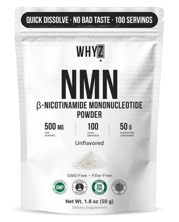 Pure NMN Powder Nicotinamide Mononucleotide Quick Dissolved NMN Supplement Powder 100% Unflavored NMN Supplement Supports NAD+ Levels Vegan Friendly Non-GMO, 50g WHYZ buy supplements canada