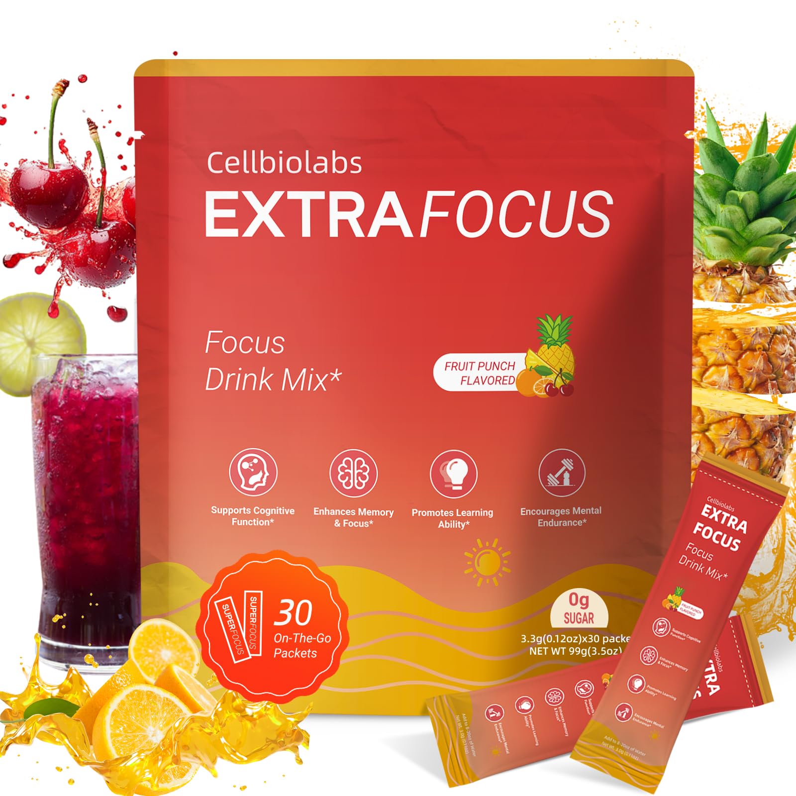 Nootropic Extra Focus Drink Mix, 30 Packs On-The-Go Sticks, Featuring Alpha-GPC, Lion's Mane & Rhodiola, Sugar-Free Packets Fruit Punch Clean Drink Mix Cellbiolabs buy supplements canada