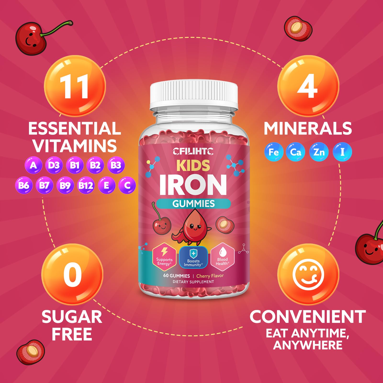Iron Gummies for Kids & Teens, Kids Multivitamin with Iron Supplement, Calcium, Folate, Zinc, Prebiotic - for Blood Builder & Energy Support, Iron Deficiency - Vegan & Non-GMO - 60 Count Cherry CFILIHTC buy supplements canada