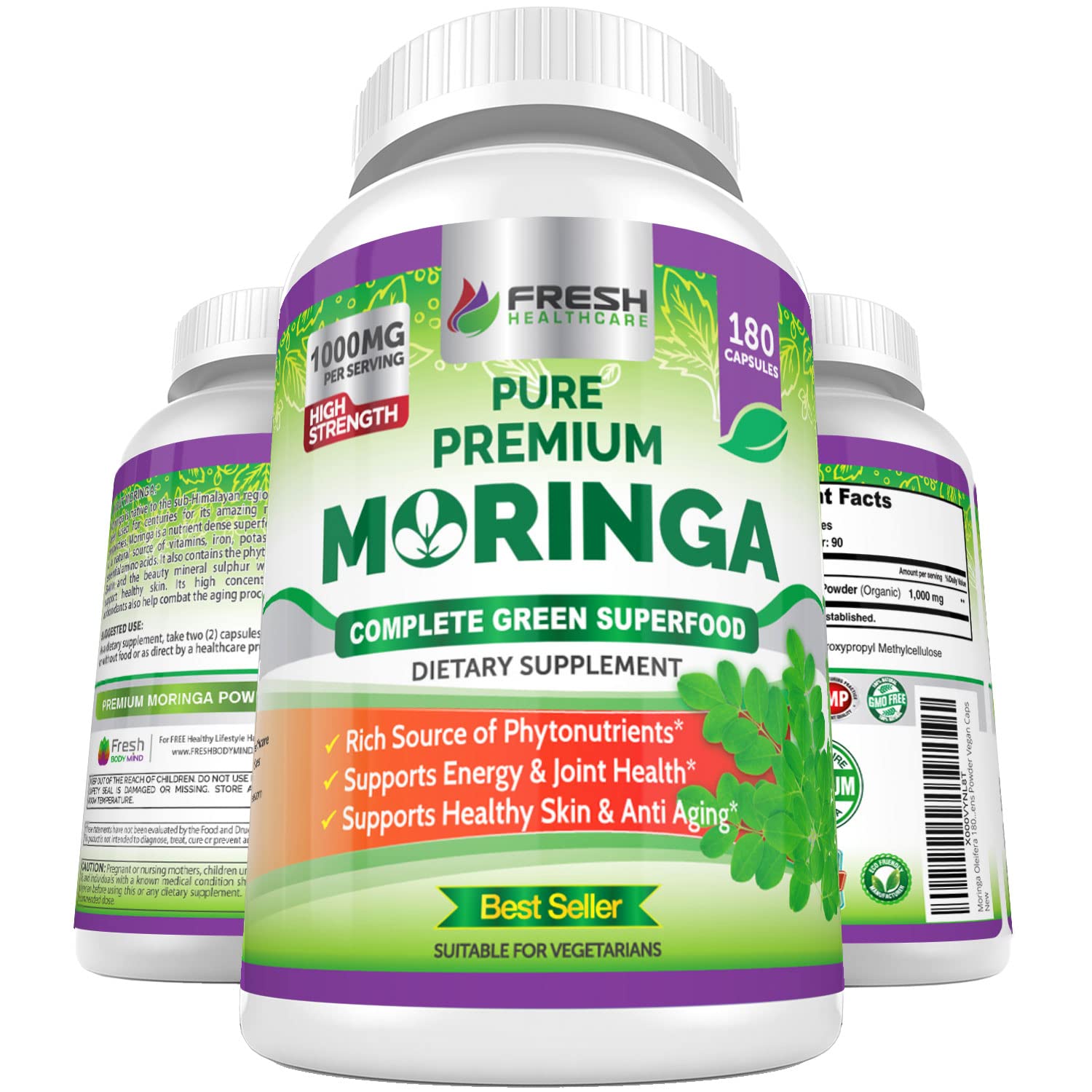 FRESH HEALTHCARE Moringa Capsules – 100% Pure Leaf Powder - 180 Pills, Non-GMO - 3 Month Supply - Complete Green Superfood for Energy FRESH HEALTHCARE buy supplements canada