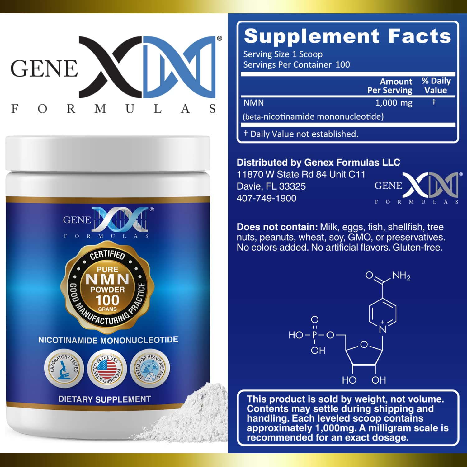 Genex Formulas Pure NMN Powder 100 Grams, Instant Dissolve, Shelf Stable, Non-Synthetic, PVP Free, Ultra-Low Density, 99.9% Pure NMN, Made in a US-Based, GMP, NSF & FSSC 22000 Certified Facility Genex Formulas buy supplements canada