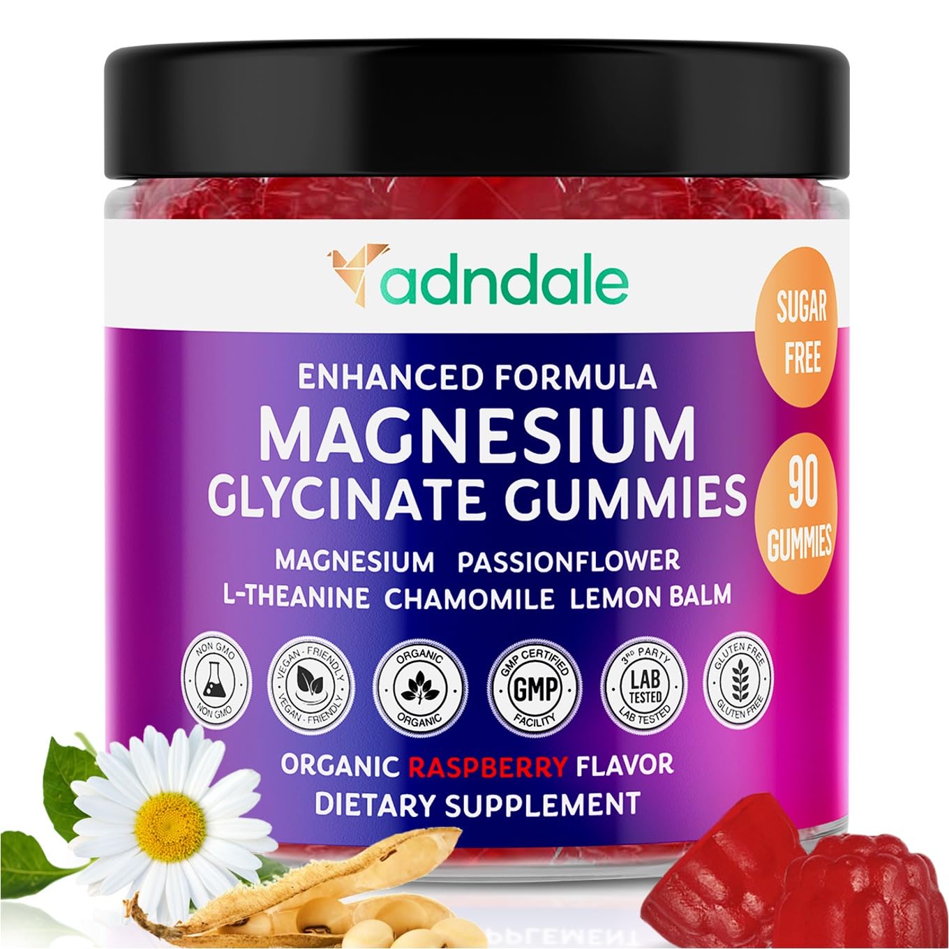 Adndale 90CT Magnesium Glycinate Gummies. Sugar Free Chews for Adults & Kids. Raspberry Flavour Adndale buy supplements canada
