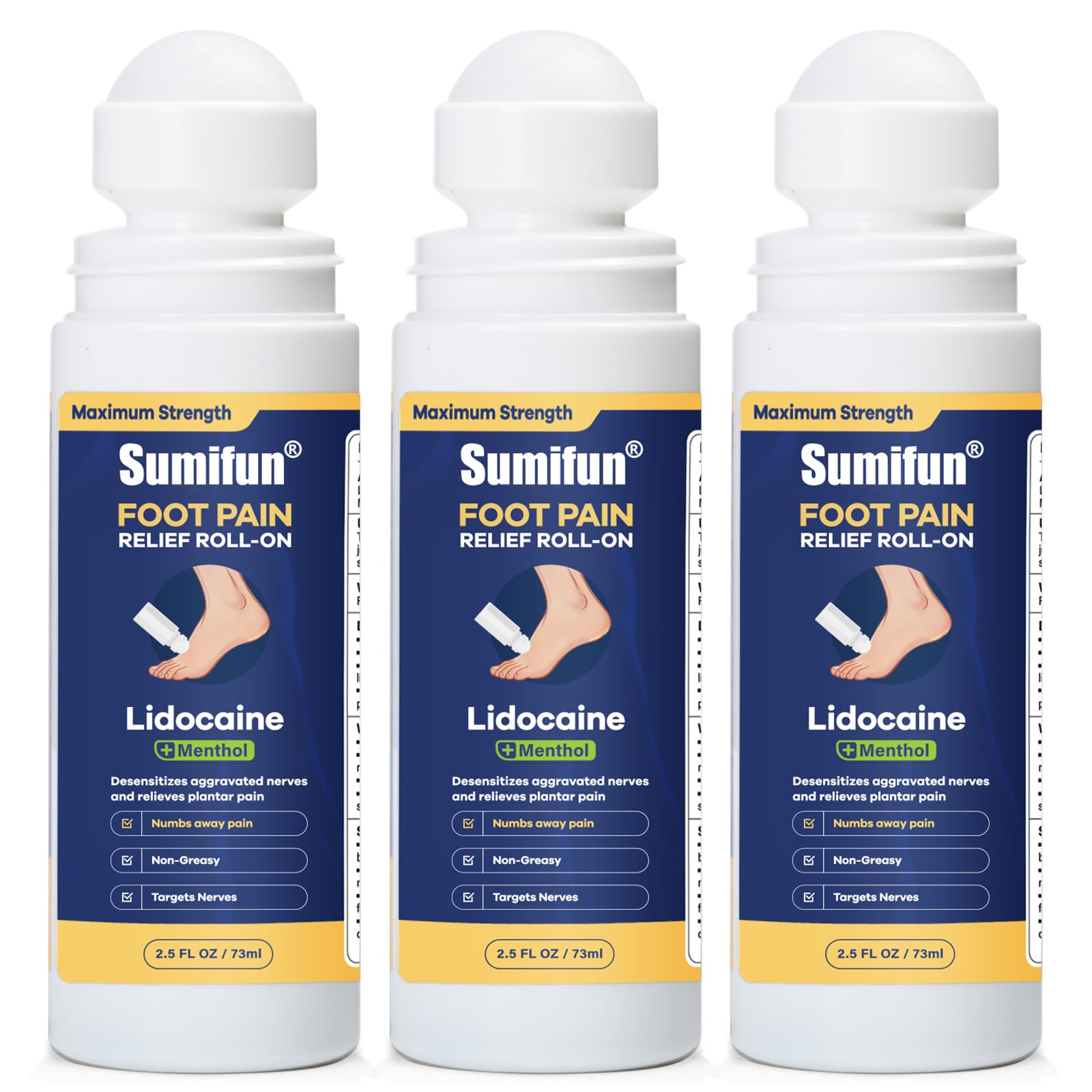 Sumifun Foot Pain Relief Lidocaine Roll-On - Maximum Strength OTC for Plantar Fasciitis & Heel Pain - Fast-Drying, Non-Greasy Formula, 2.5 Fl Oz * 3 Sumifun buy supplements canada
