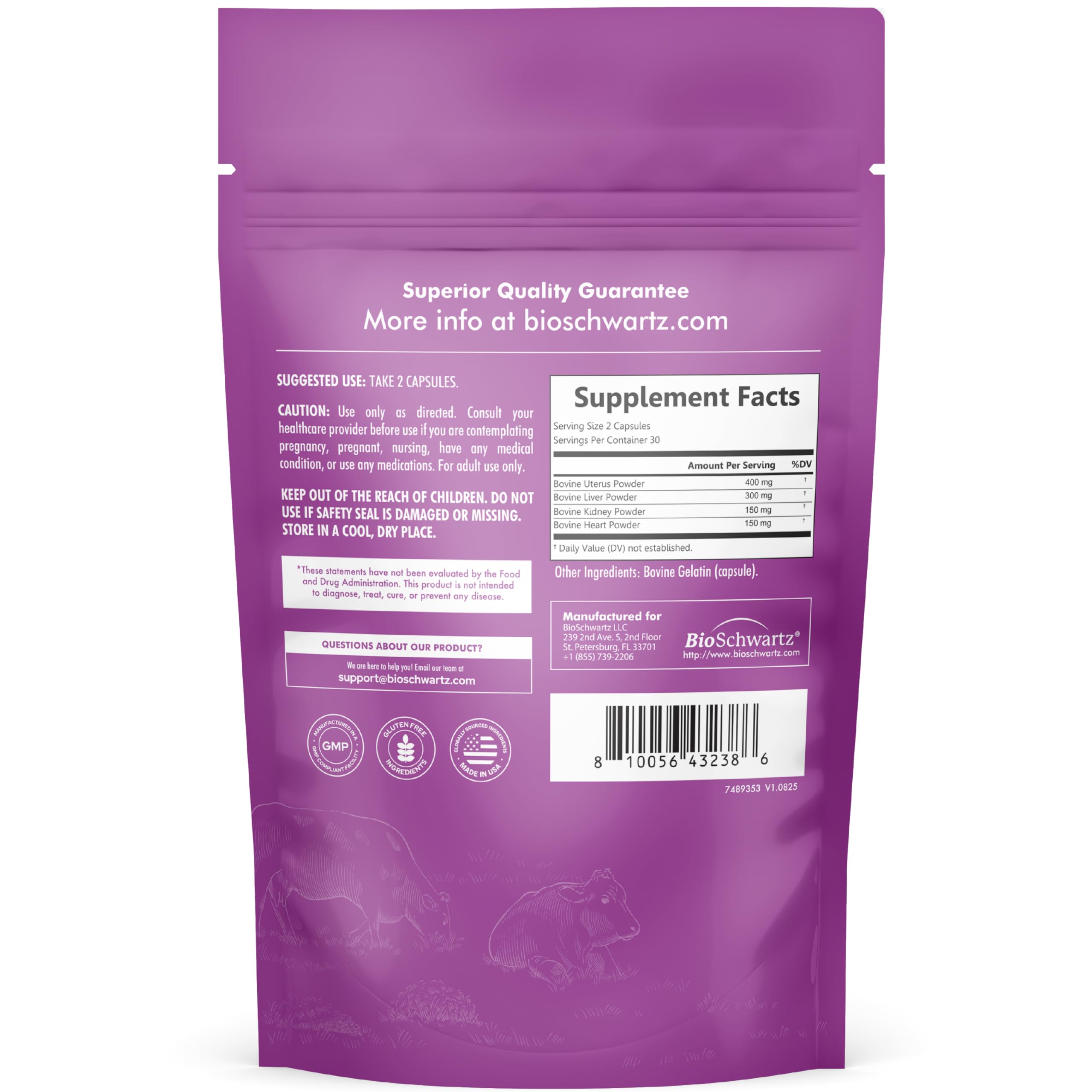 BioSchwartz Primal Beef Organ Supplement for Women - 60 Capsules - Grass-Fed & Pasture-Raised - Supports Healthy Hair Skin and Nails, Hormone Balance - with Bovine Liver, Kidney, Heart, Uterus Powder BioSchwartz buy supplements canada