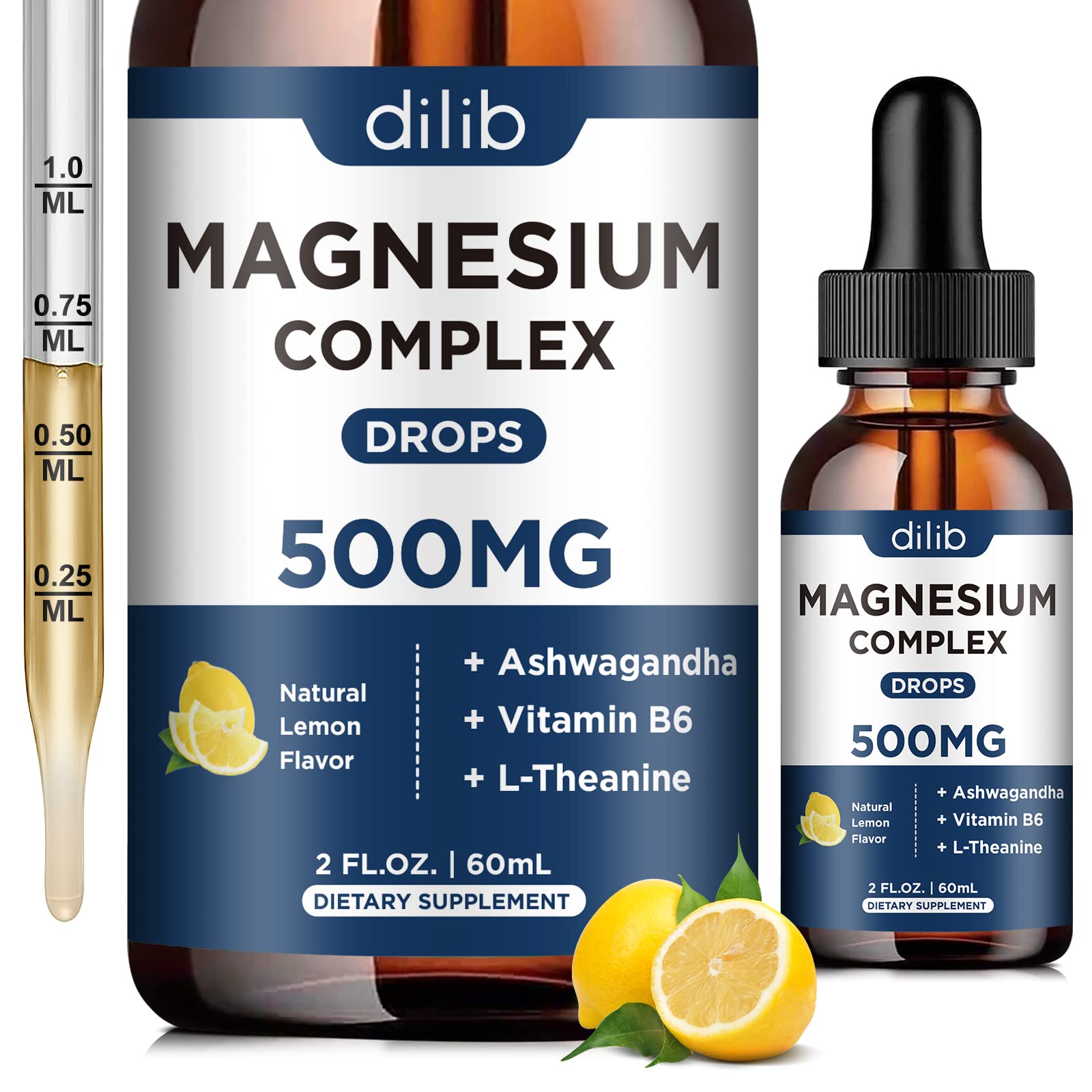 Magnesium Glycinate Liquid Drops, Triple Magnesium Complex Supplement with Citrate, Malate 500mg Ashwagandha, L-Theanine, Vitamin B6 for Sleep, Calm, Stress Relief, Bone, Muscle, Mood - Lemon Flavor dilib buy supplements canada