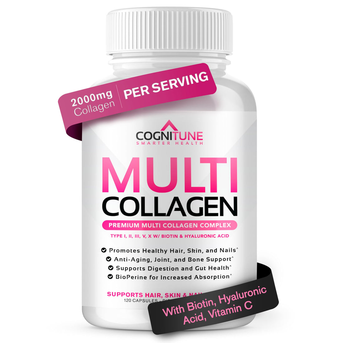 CogniTune Multi Collagen Peptides for Women with Biotin, Hyaluronic Acid, Vitamin C - 5 Types I II III V X Colageno Hidrolizado - 2000mg Hair Skin Nails Joints Support - 120 Capsules CogniTune buy supplements canada