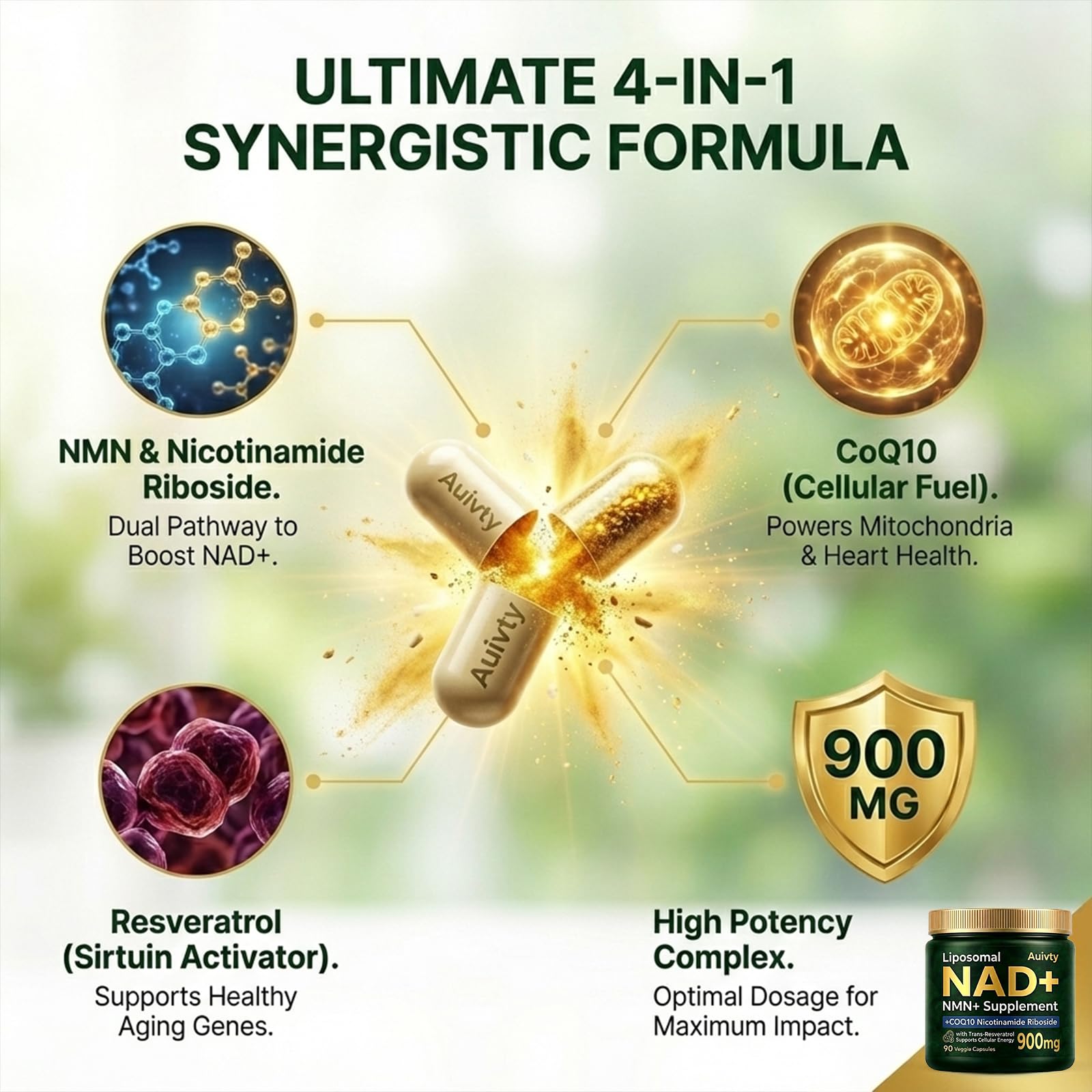Auivty Liposomal NAD+ NMN Supplement with COQ10, Nicotinamide Riboside, Trans-Resveratrol, 900mg, 90 Veggie Capsules Auivty buy supplements canada