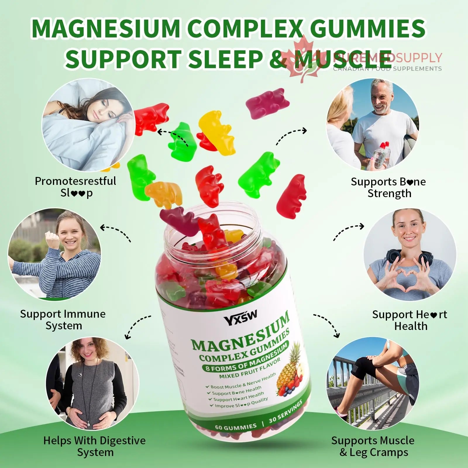 Magnesium Complex Gummies 8 Elemental 1000mg - Magnesium Glycinate, Citrate, Malate, Taurate, Supports Bones, Muscle, Nerve Health, for Women & Men, Vegan Non-GMO, Mixed Flavors, 60 Count YXSW buy supplements canada