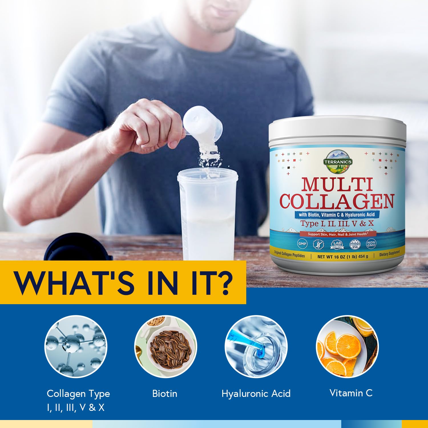 Terranics Multi Collagen Powder Type I II II V X with Biotin VC Hyaluronic Acid, Paleo Terranics buy supplements canada