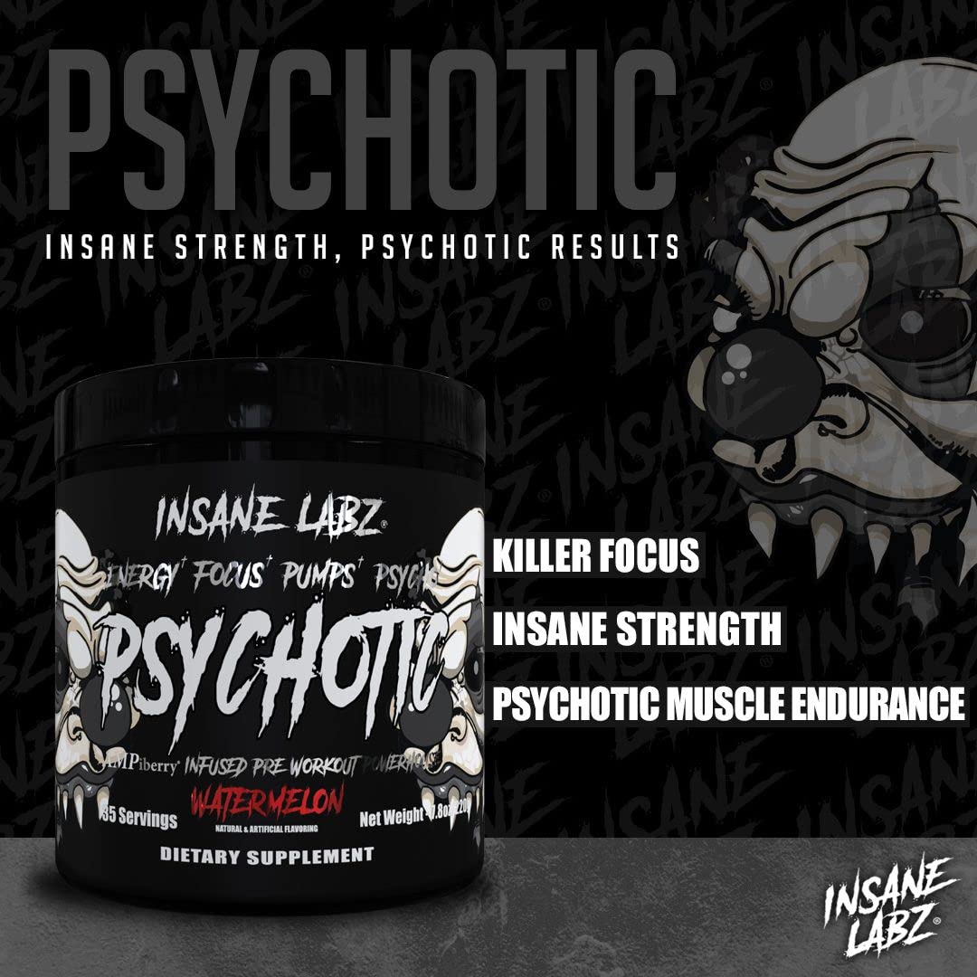 Insane Labz Psychotic Black Edition Mid Stimulant Pre Workout Powder, Energy Focus Pumps, Loaded with Creatine Beta Alanine Taurine Fueled by AMPiberry, 35 Servings (Blue Raspberry) Insane Labz buy supplements canada