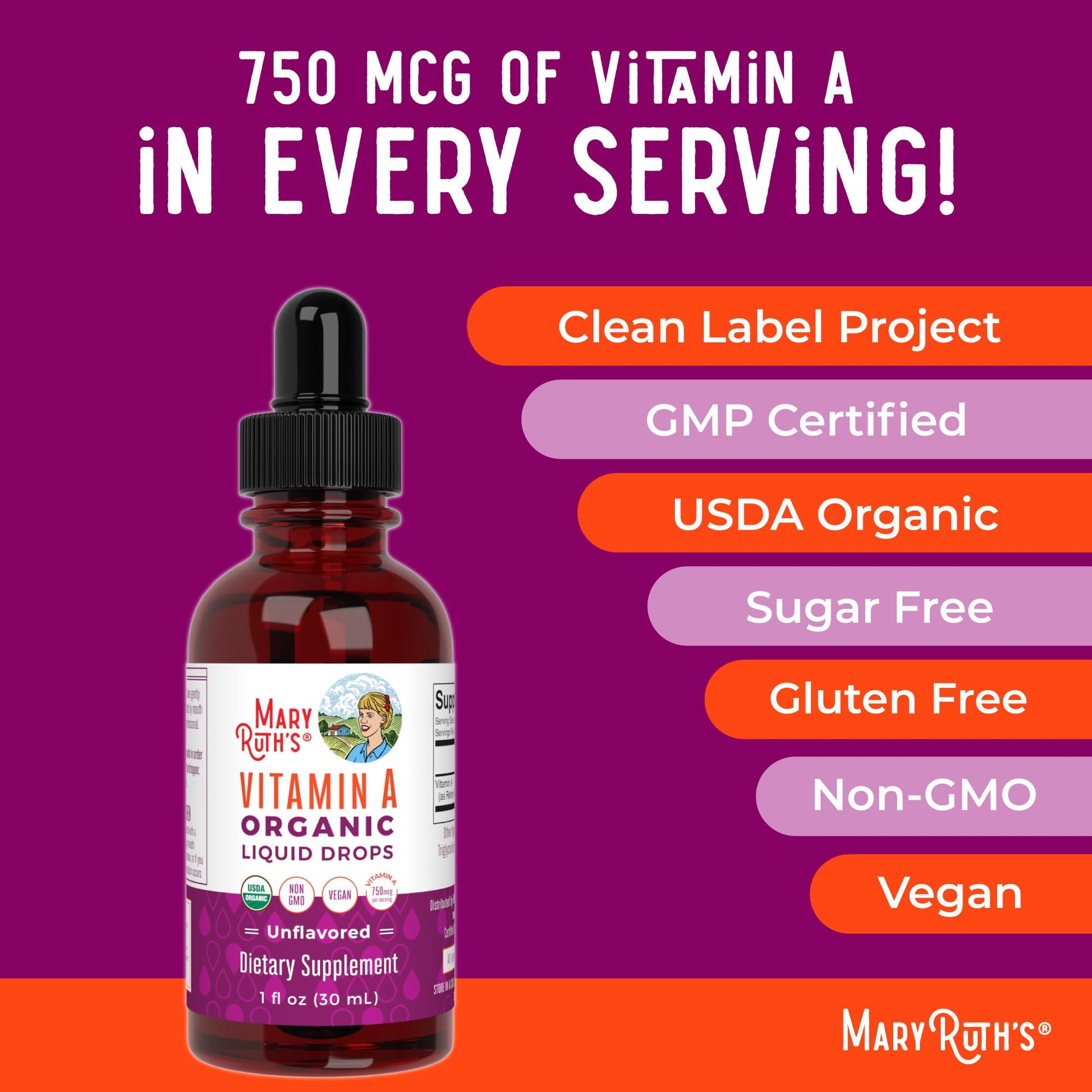 MaryRuth Organics USDA Organic Vitamin A Liquid Drops | 3 Month Supply | Bone Health for Ages 14+ | Essential Vitamin | 750mcg per Serving | Sugar Free | Vegan | Non-GMO | Gluten Free | 1oz MARYRUTH'S buy supplements canada
