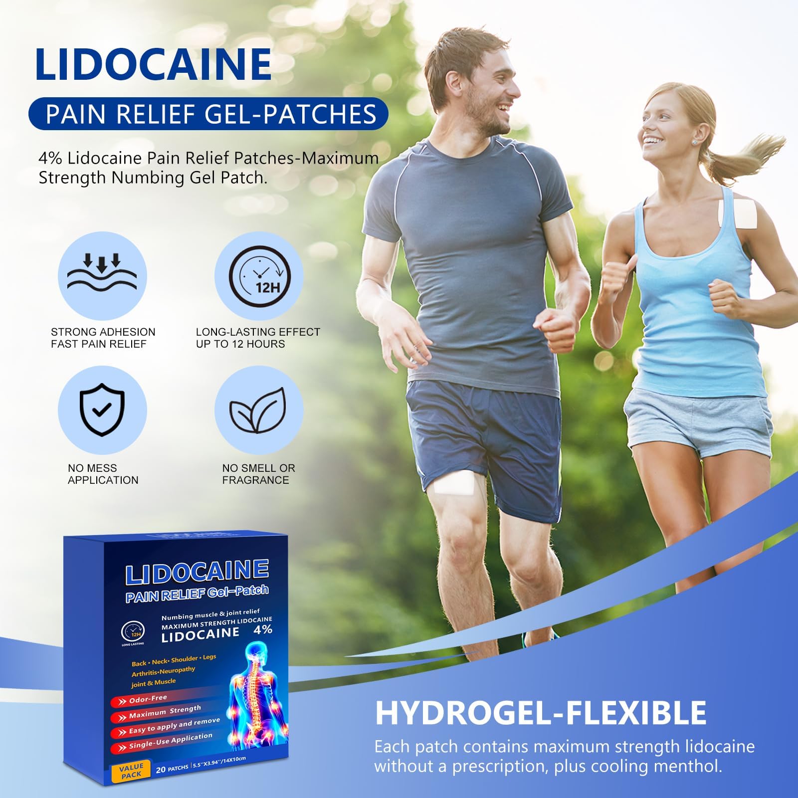 KIbabyDI Professional Lidocaine Pain Relief Patches - 20 Count | 4% Medicated Gel Patches for Targeted Joint & Muscle Comfort | Long-Lasting 12-Hour Relief, Ultra-Flexible Design -lb234 KIbabyDI buy supplements canada