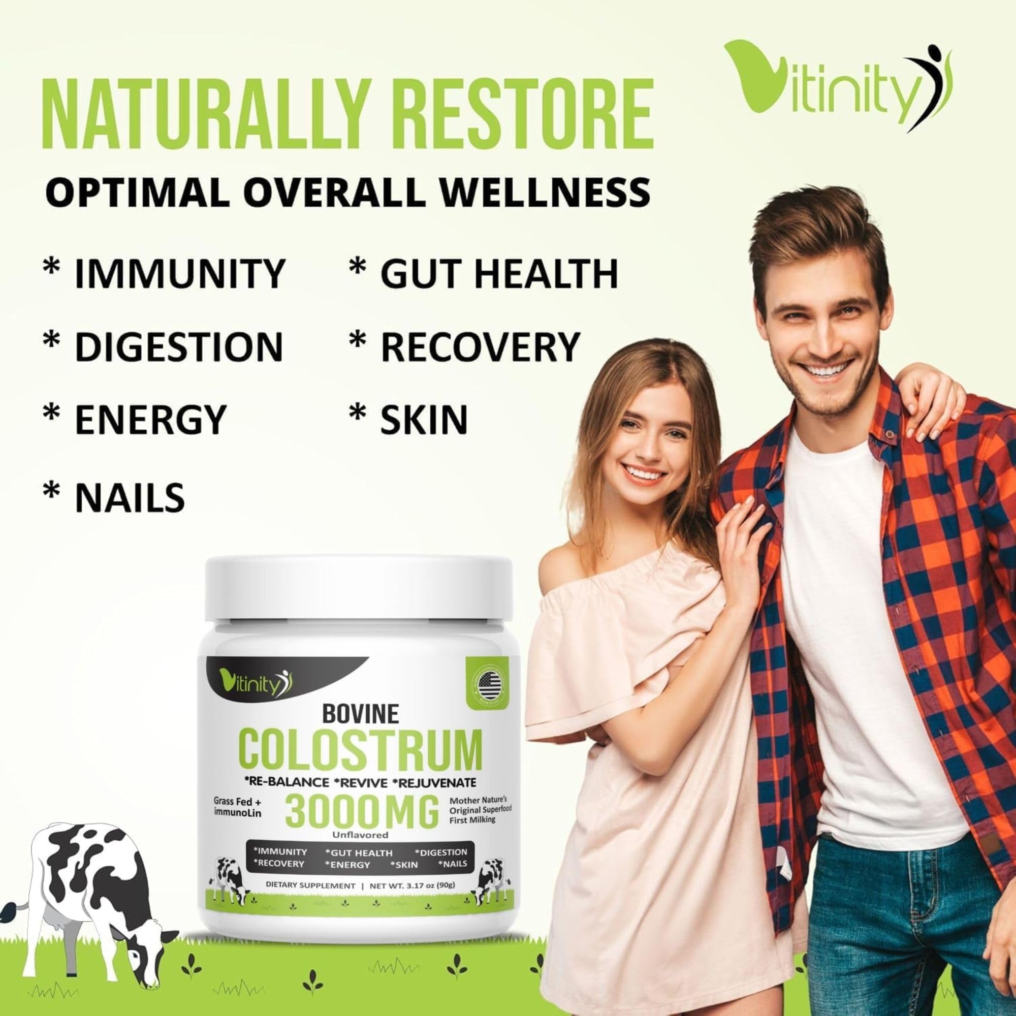 VITINITY Grass Fed Bovine Colostrum Powder for Humans 3000 mg - Natural IgG Colostrum Supplement Gut Health, Immune Support, Muscle Recovery, Wellness | Pure Colostrum Superfood,Unflavored 2 Pack VITINITY buy supplements canada