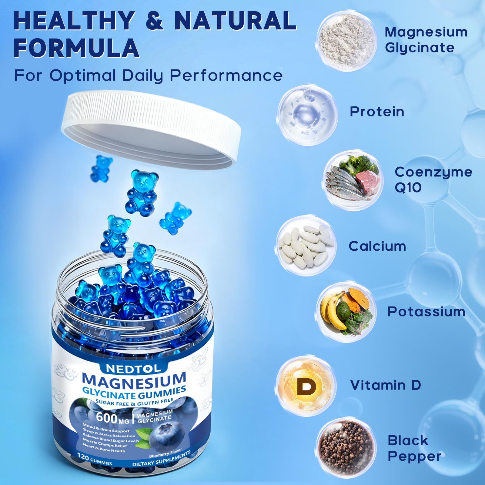 Nedtol Magnesium Glycinate Gummies 600mg, Sugar Free Magnesium Potassium Supplement for Adults with Magnesium L-Threonate, Vitamin D, B6,and CoQ10 for Sleep, Body Support and Relaxation,120 Count Nedtol buy supplements canada