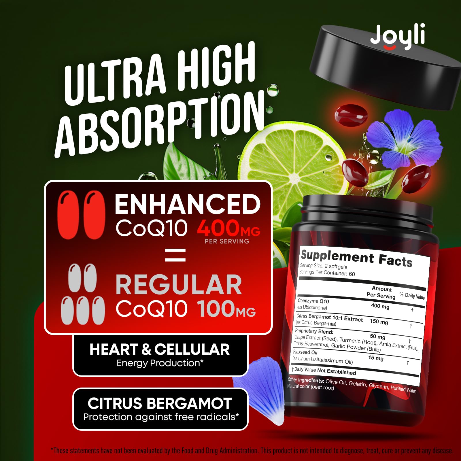 CoQ10 400mg Softgels - High Absorption Co Q10, 400mg Softgels for Heart Health & Energy Production - Enhanced Co Q 10 Supplement with Antioxidants and Flaxseed Oil - CoQ10 400 mg per Serving JOYLI Nutrition buy supplements canada