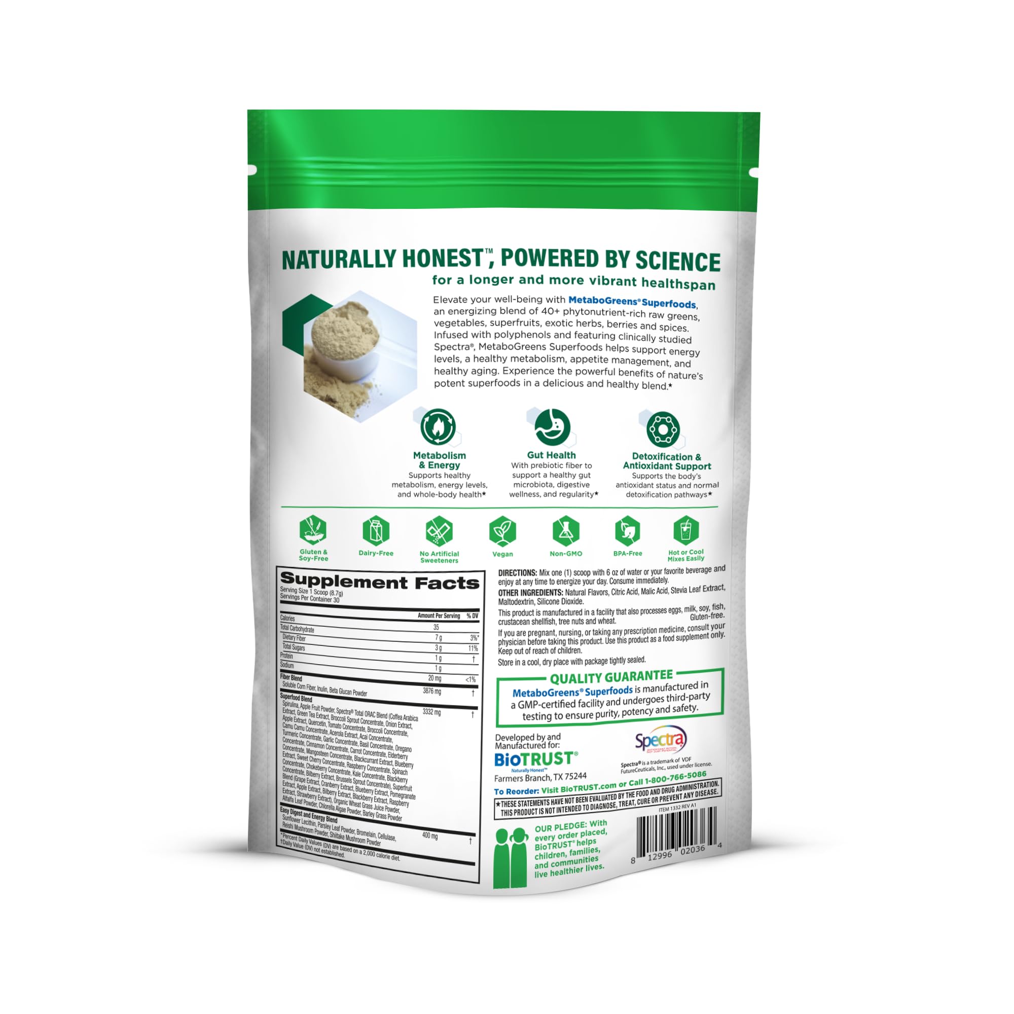 BioTrust Metabo Greens Superfood Powder - Super Greens Powder, Fruit & Veggie Blend with Clinically Studied Spectra - Non GMO, Soy Free, Gluten Free, Dairy Free, Energizing Berry Flavor (30 Servings) BioTrust buy supplements canada