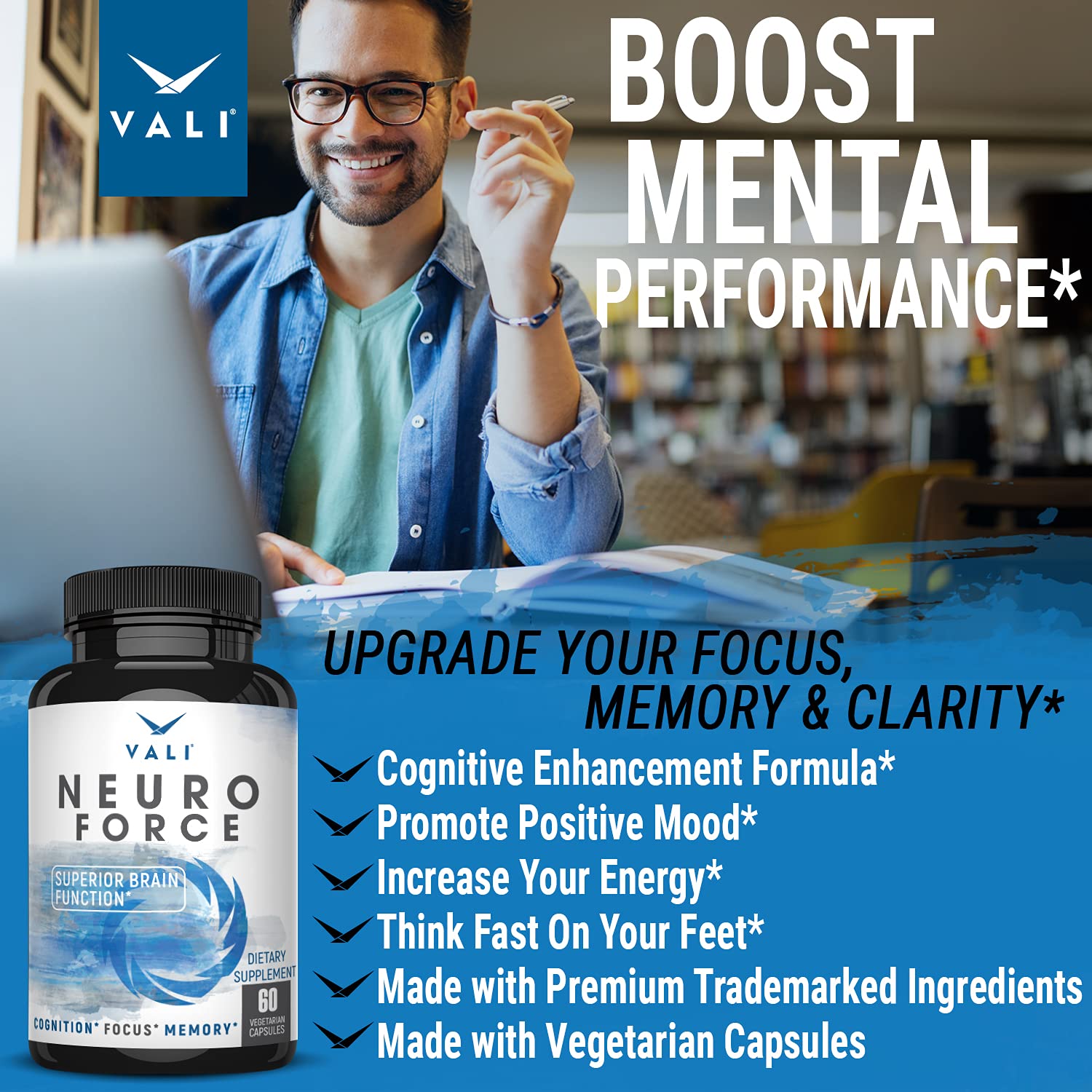 VALI Neuro Force Brain Booster Supplement for Focus, Memory, Clarity & Energy. Extra Strength Nootropic Cognitive Function Support for Mental Performance. with Natural Caffeine. 60 Veggie Capsules VALI buy supplements canada