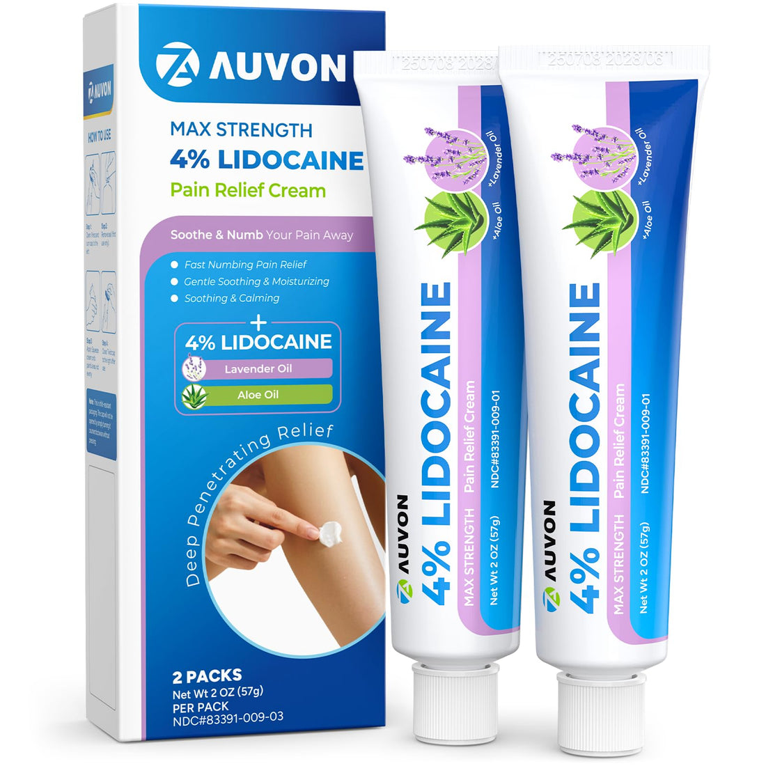AUVON Max Strength Lidocaine Pain Relief Cream with Lavender & Aloe Vera, Numbing Cream for Minor Arthritis Pain, Soothing Muscle for Neck, Shoulder, Hip, Knee, Joint and Back Pain, 2 Oz, 2 Packs AUVON buy supplements canada