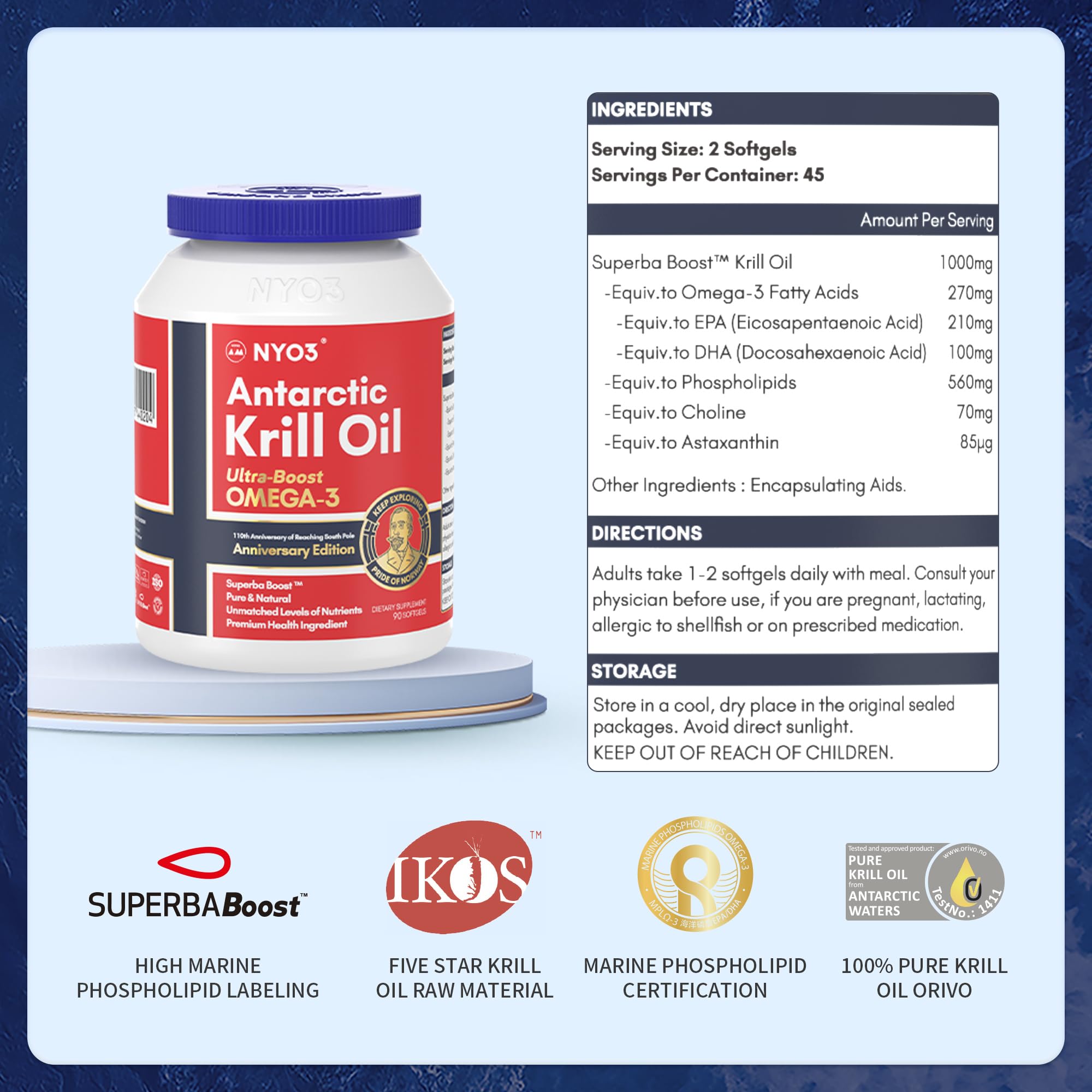 NYO3 Antarctic Krill Oil 1000mg Omega 3 Supplement, EPA & DHA, 90 Softgels Astaxanthin NYO3 buy supplements canada
