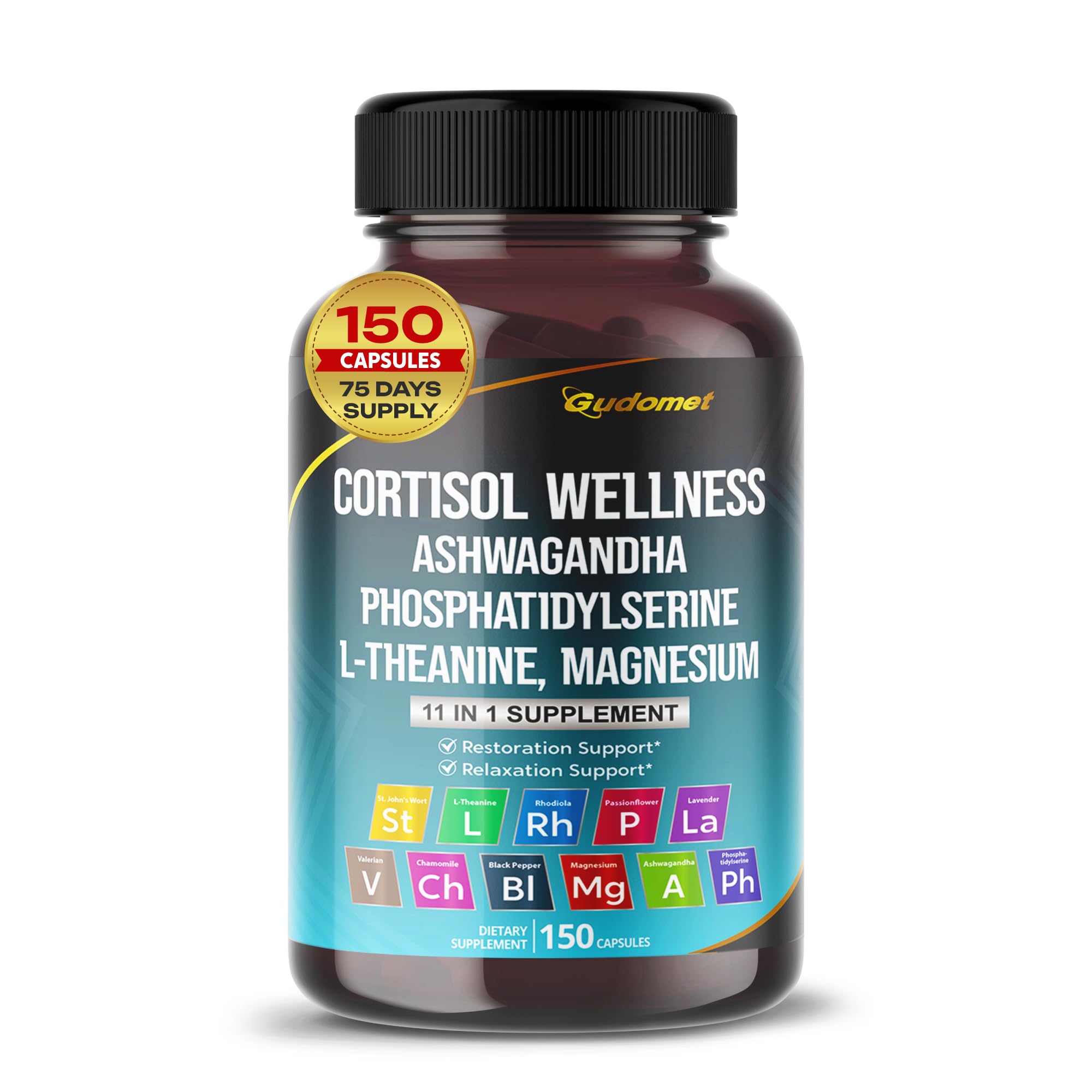 GUDOMET CORTISOL Wellness Magnesium Ashwagandha L-Theanine Phosphatidylserine Rhodiola Rosea Passionflower Lavender Chamomile -150 Capsules GUDOMET buy supplements canada