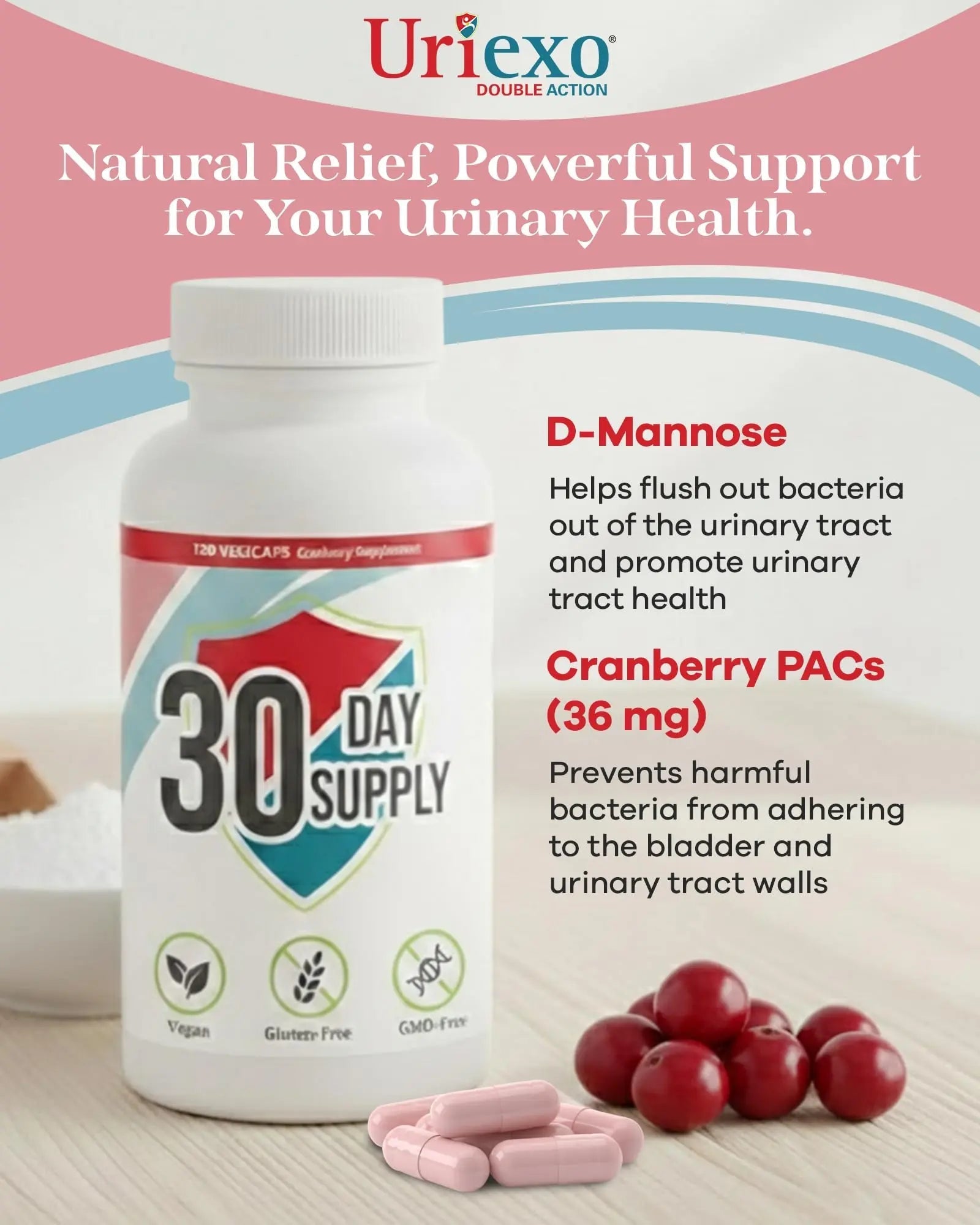 Uriexo Double Action Support Cranberry Pills - Urinary Tract Health Supplement with 36mg Proanthocyanidins PACs & 2000mg D-Mannose, Capsules for Men & Women, Non-Antibiotic Formula, 30 Day Supply Uriexo buy supplements canada
