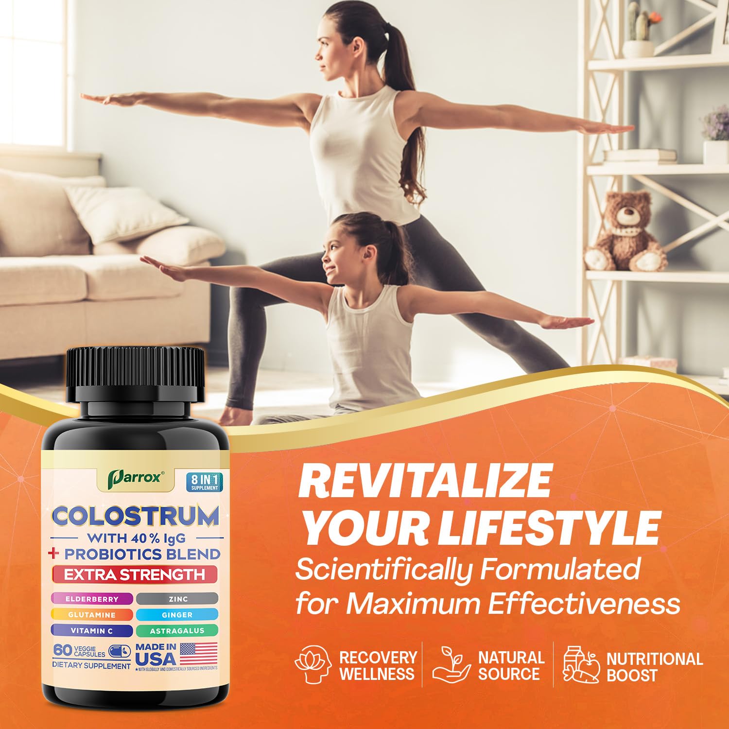 Parrox Colostrum Supplement Capsules, Grass Fed Cow Colostrum with 40% IgG, Probiotics Blend, Elderberry, Astragalus, Zinc, Ginger, Vitamin C, L-Glutamine, 8 in 1 Extra Strength Bovine Boost (60 Caps) Parrox buy supplements canada