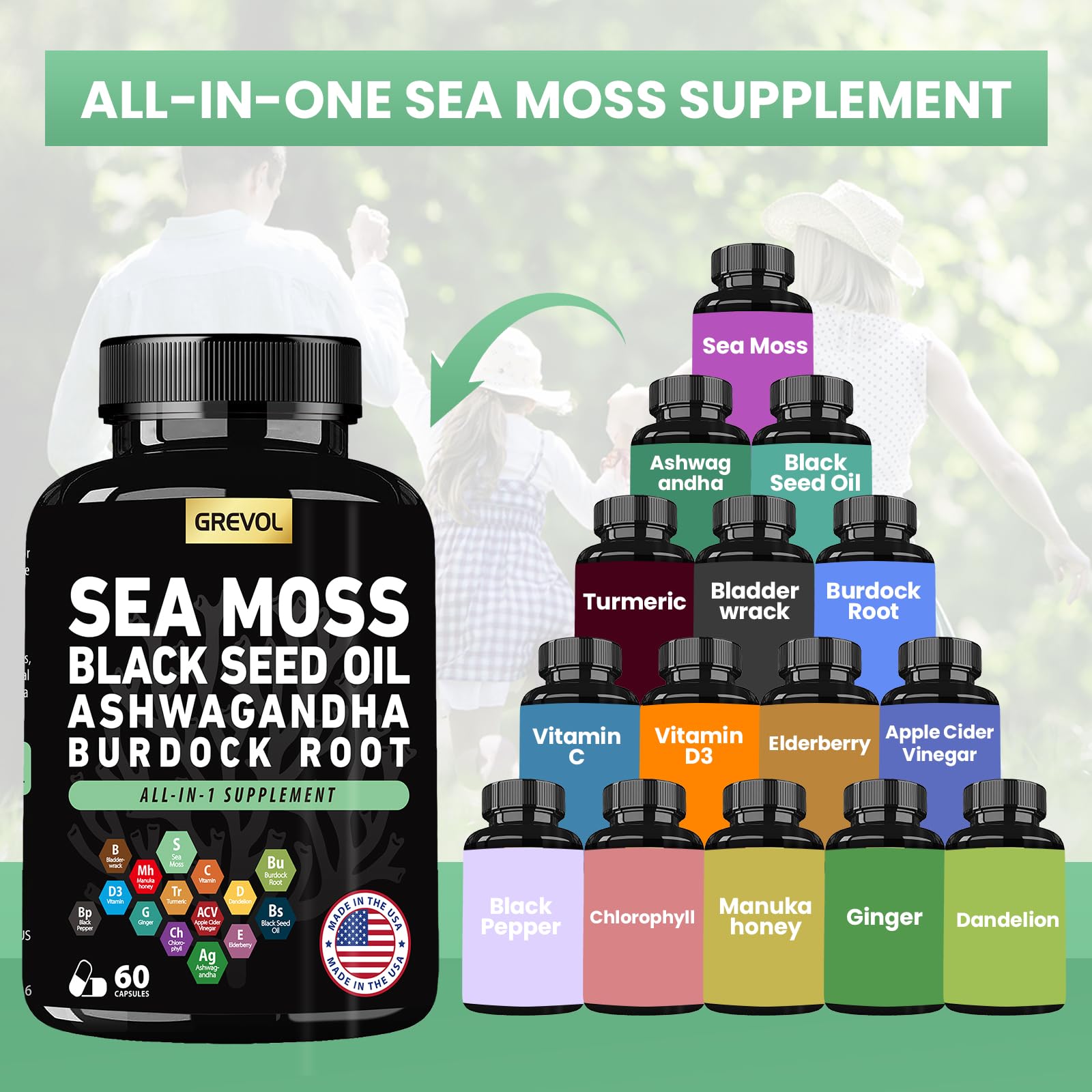Sea Moss Black Seed Oil Ashwagandha Bladderwrack Burdock Root Turmeric & Vitamin C D3 Elderberry ACV Black Pepper - Multimineral Supplement - 60 Count Grevol buy supplements canada