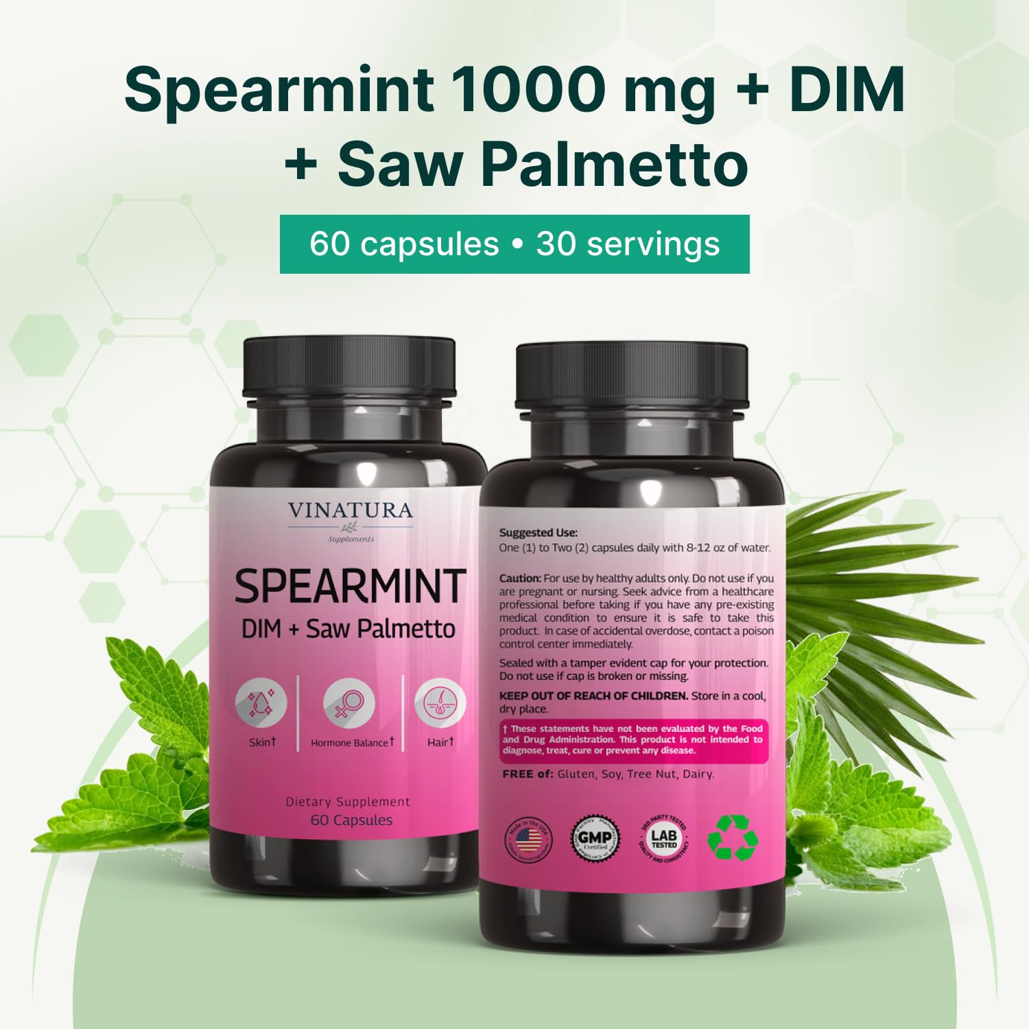 VINATURA Spearmint Leaf Capsules Supplement - Enhanced with DIM & Saw Palmetto, for Unwanted Hair, Women' Health & Skin *USA Made & Tested* - 1380mg/serving, 60 Capsules (30 Servings) VINATURA buy supplements canada