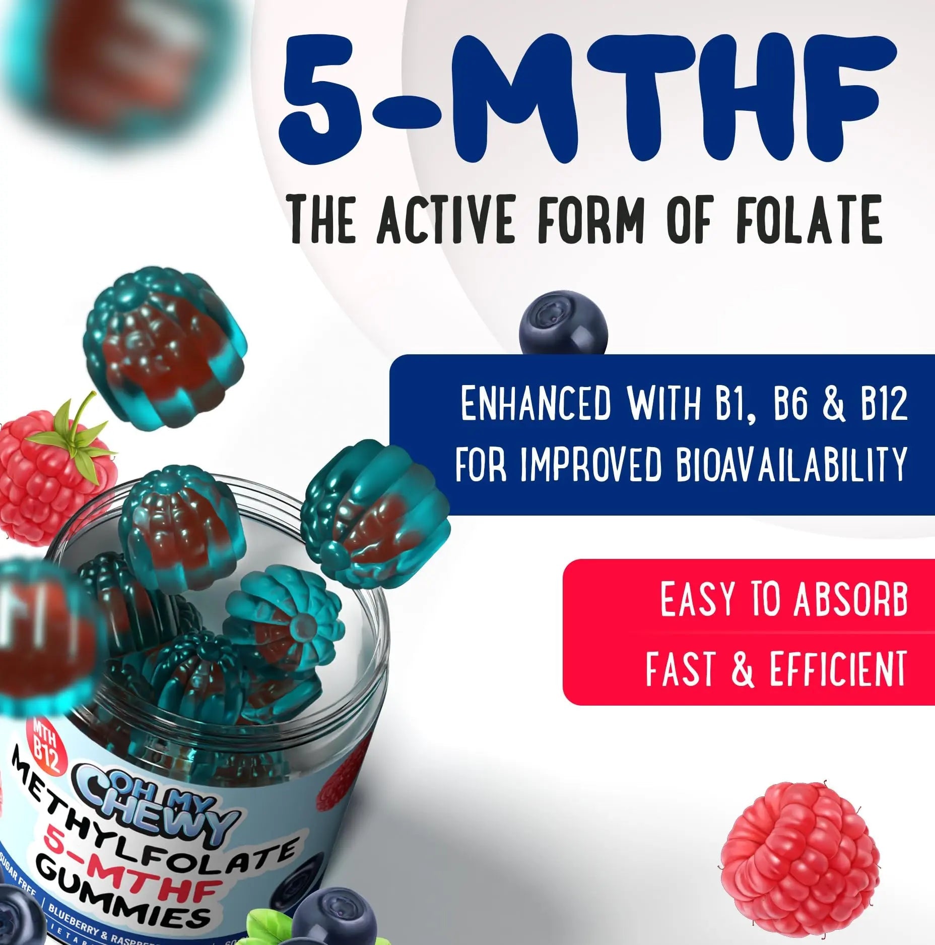 Center-Filled 5-MTHF Folate L-MethylFolate Sugar-Free Gummies - MTHFR Supplement Support with Methylated B1, B6 and Methyl B12 Multivitamins OH MY CHEWY buy supplements canada
