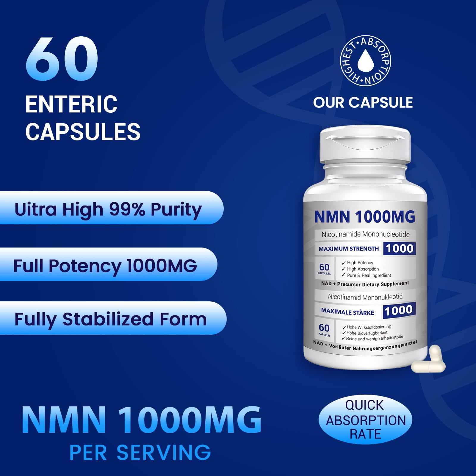 NMN 1000mg Per Serving Maximum Strength - 99% Pure NMN (Nicotinamide Mononucleotide) for NAD, Cell, Immune, Energy, Anti-Aging & Longevity, Stabilized NMN Supplements 1000mg - 60 Veggie Capsules CFUKING buy supplements canada