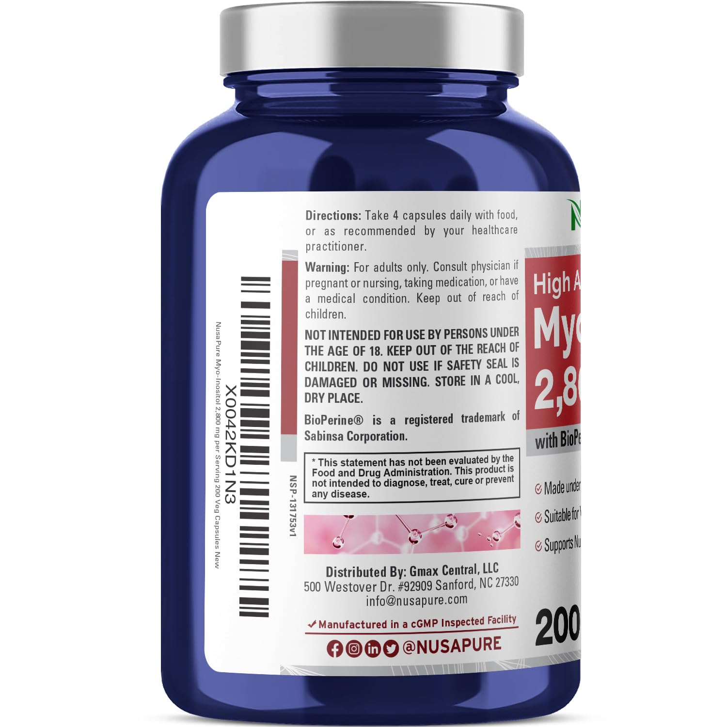 NusaPure Myo-Inositol - Suitable for Vegetarian/Vegan, Non - GMO - 2800mg, 200 Capsules NusaPure buy supplements canada