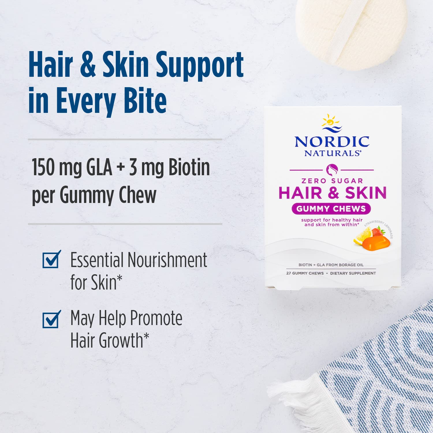 Nordic Naturals Zero Sugar Hair & Skin Gummy Chews, Strawberry Lemonade - 27 Gummy Chews - Biotin + GLA from Borage Oil - Promotes Healthy Balance of Fats in Skin - Non-GMO - 27 Servings Nordic Naturals buy supplements canada