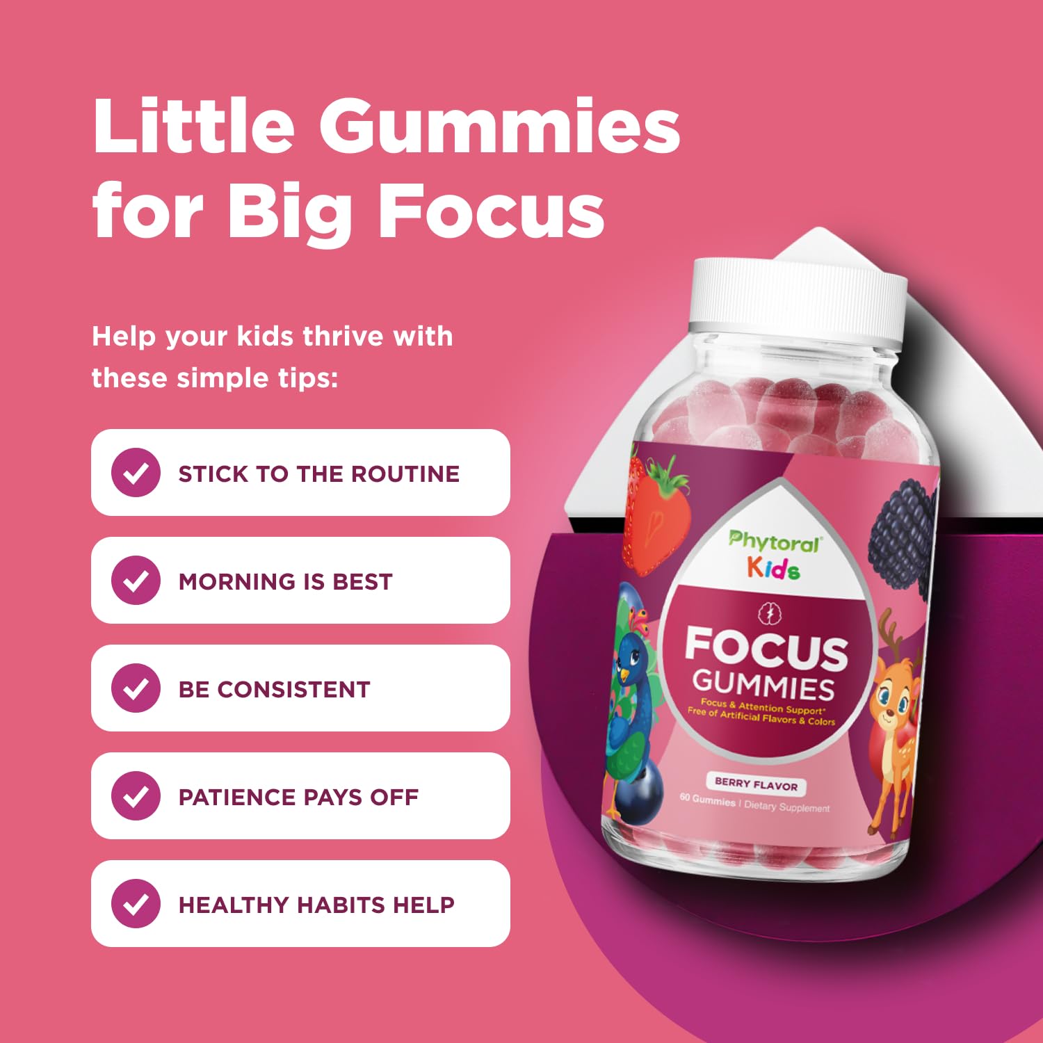 Phytoral Vegan Kids Focus Gummies - Potent Chewable Brain Support for Children - Enhances Concentration & Memory - Calming Supplements & Focus Gummies for Kids - Non-GMO & Gluten-Free - 60 Count Phytoral buy supplements canada