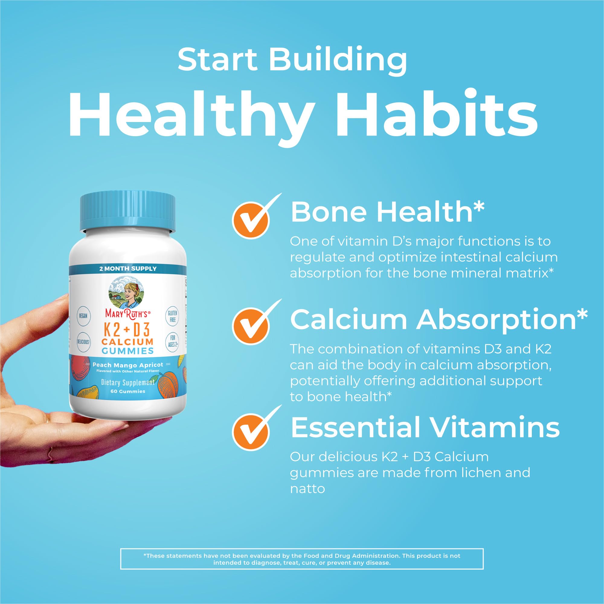 MaryRuth Organics Calcium with Vitamin D & Vitamin K2, 2 Month Supply, Calcium Supplement Supports Bone Health & Joint Support, with Vitamins D3 K2 Gummies, Vegan, Non-GMO, Gluten Free, 60 Count MARYRUTH'S buy supplements canada