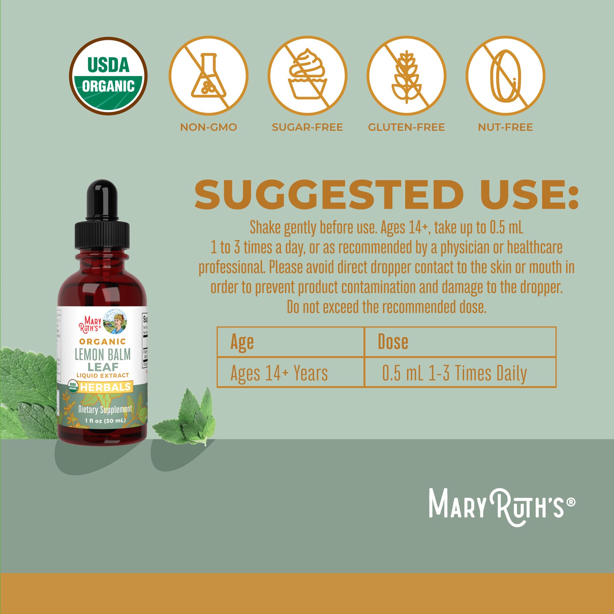 MaryRuth Organics Lemon Balm Leaf Liquid Extract | Mood Support | Relaxation | Calming | Nervine Herbal | Lemon Balm Tincture | USDA Organic | Vegan | Non-GMO | Gluten Free | 1 Fl Oz MARYRUTH'S buy supplements canada