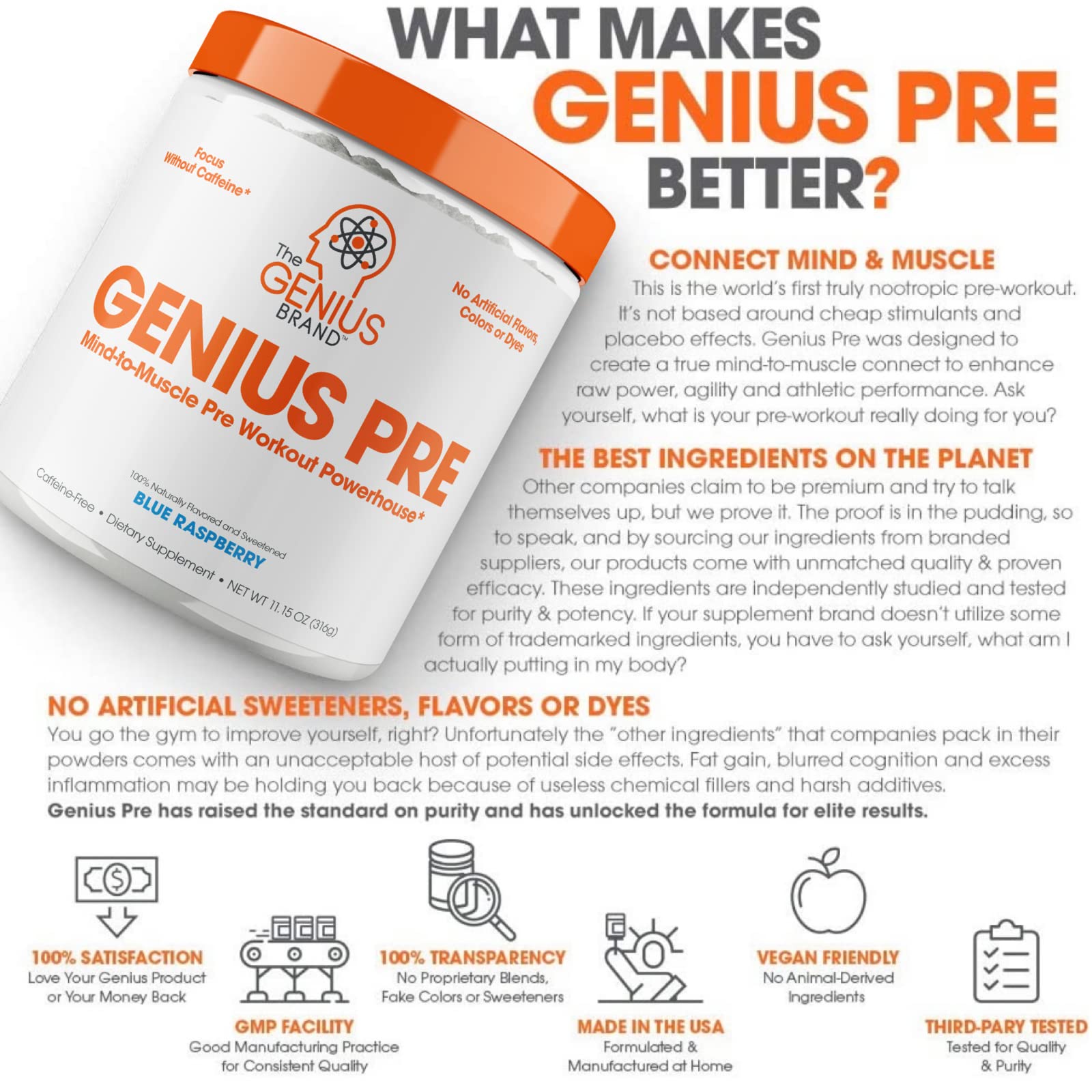 Genius Pre Workout Powder, Blue Raspberry - All-Natural Nootropic Pre-workout & Caffeine The Genius Brand buy supplements canada