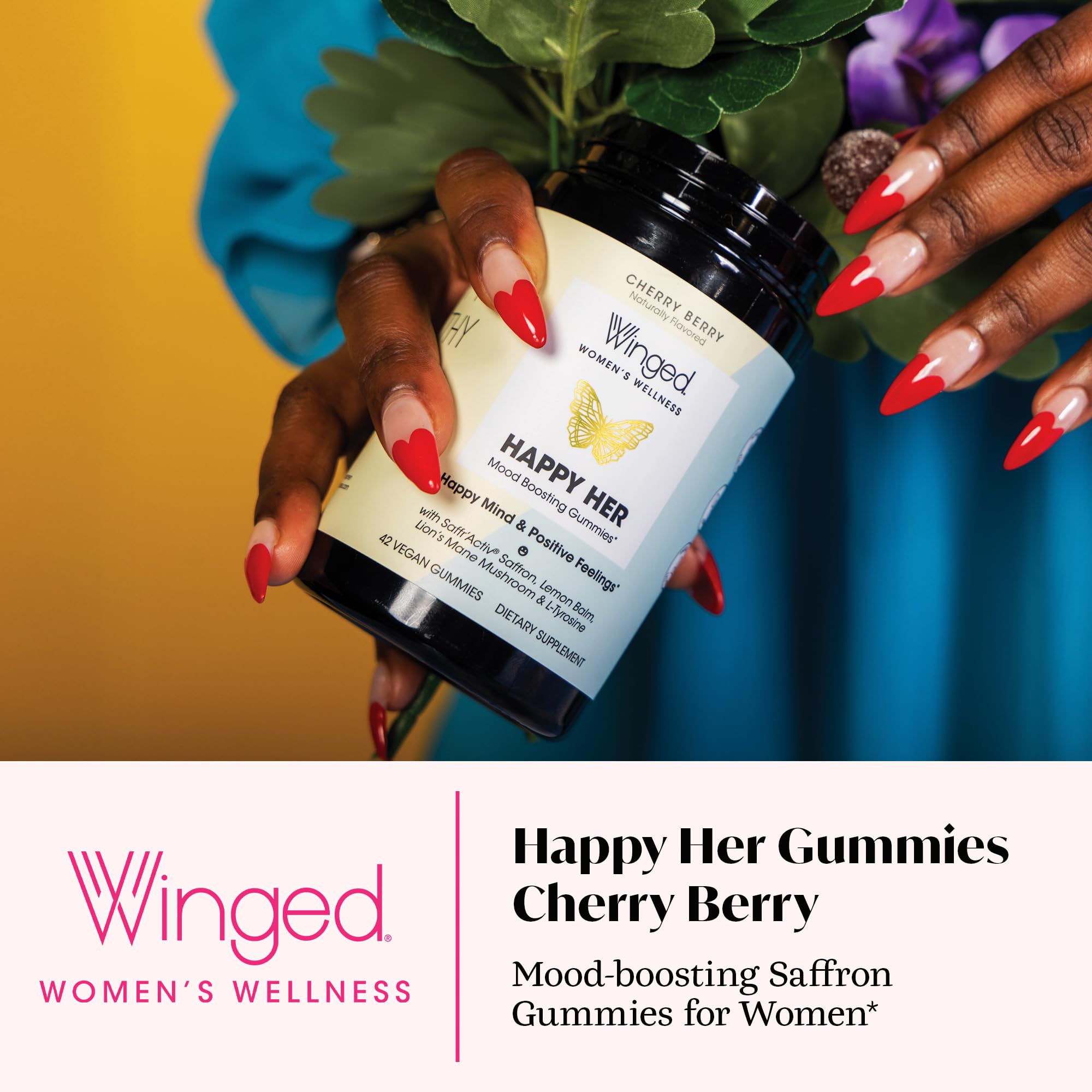 Winged Wellness Happy Her Mood Gummies - Daily Mood Enhancer Support Supplement for Women - Vitamin D with Saffron, Lemon Balm, & Lions Mane Mushrooms for Balance & Calming Relief - 50 Vegan Gummies Winged buy supplements canada