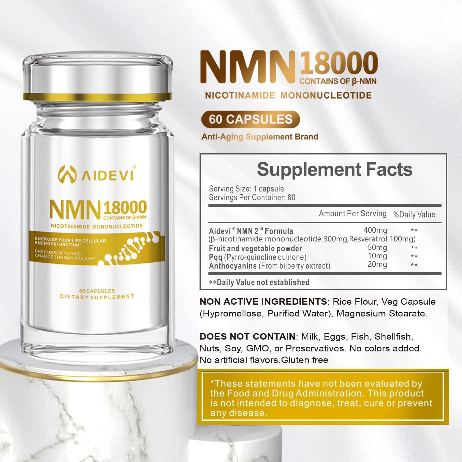 AIDEVI NMN 18000 - Nicotinamide Mononucleotide Supplement with Resveratrol, Stabilized Form & 99% High Purity to Boost NAD+ Levels for DNA Repair Supplement, for Healthy Aging, 60 Capsules AIDEVI buy supplements canada