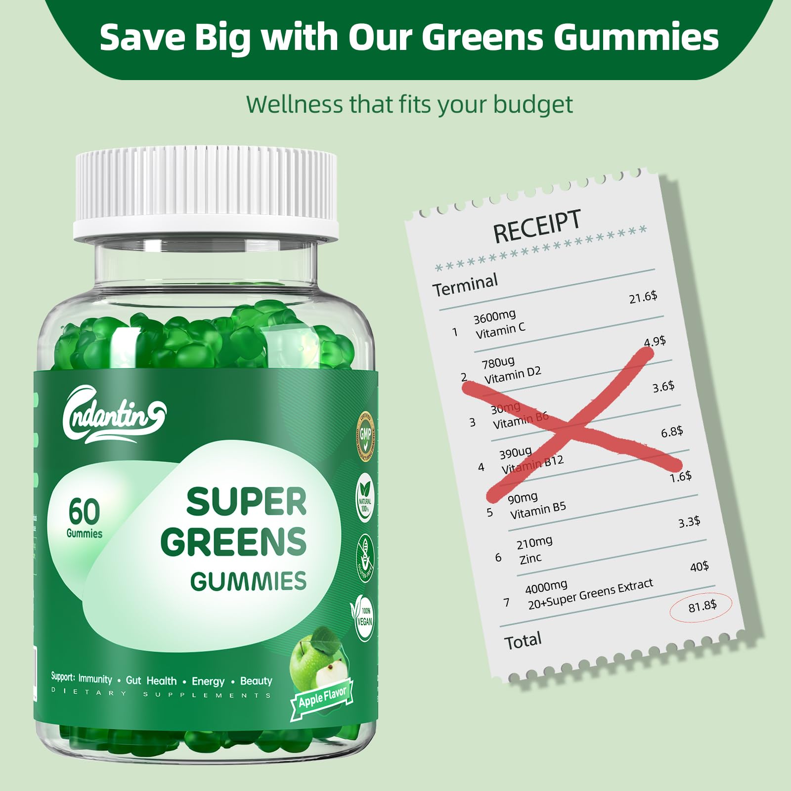 Multivitamin Super Greens Gummies - Daily Vegan Gummy Vitamins for Women, Apple Flavor | Organic Blend with Vitamin C, Turmeric, Zinc, Immune Support, Energy Booster, Metabolism | 60 Count CNDANTING buy supplements canada