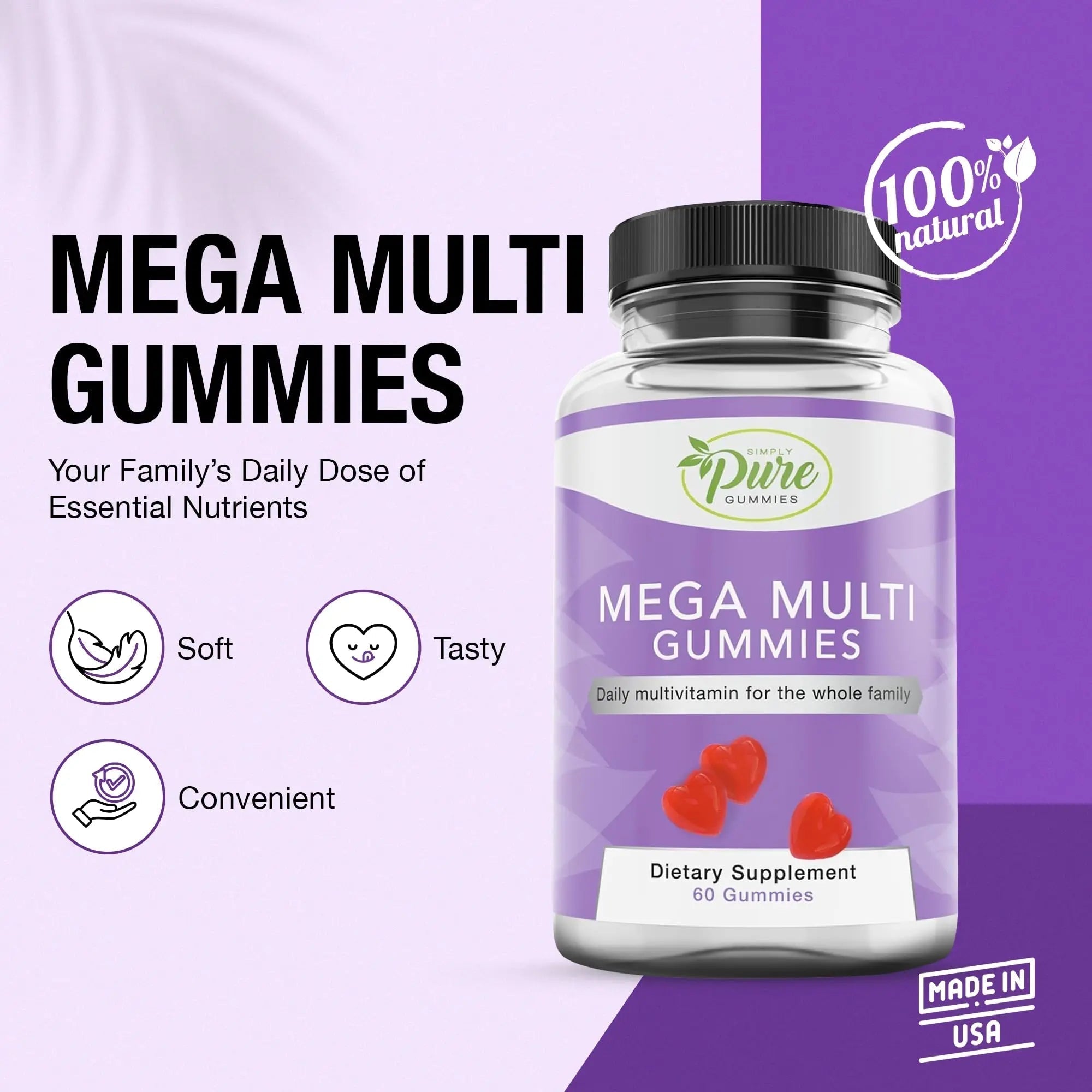 Pure By Nature Mega Multi Gummies, Multivitamin Gummies for Women & Men, Kids Multivitamin Gummies with A, D2, C, E, K, Biotin Pure By Nature buy supplements canada
