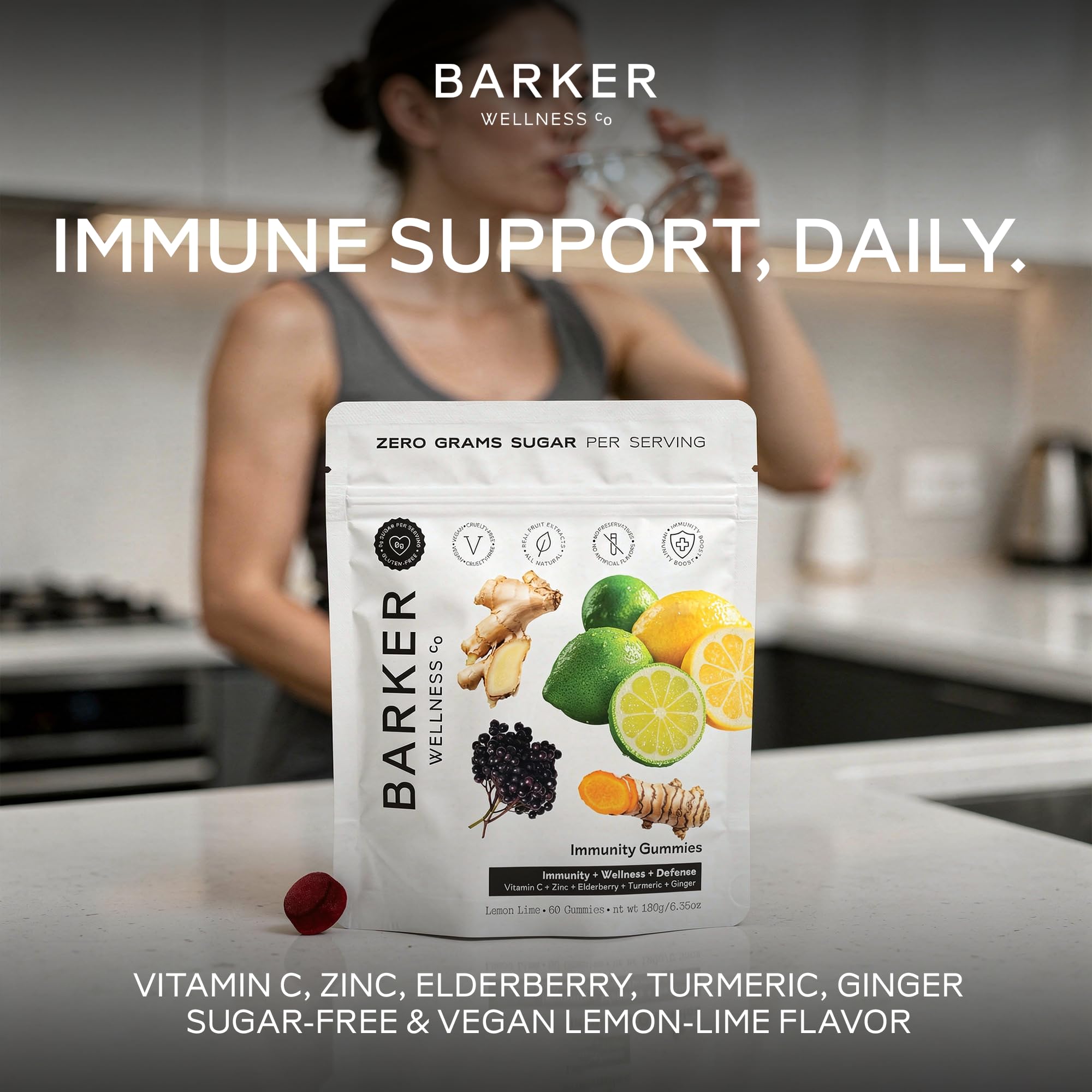 Barker Wellness Immunity Gummies with Vitamin C, Zinc, Elderberry, Turmeric & Ginger for Daily Immune Support | Vegan, Sugar-Free, Lemon-Lime Flavor | Seasonal Wellness Essentials, 60 Count Barker Wellness Co buy supplements canada