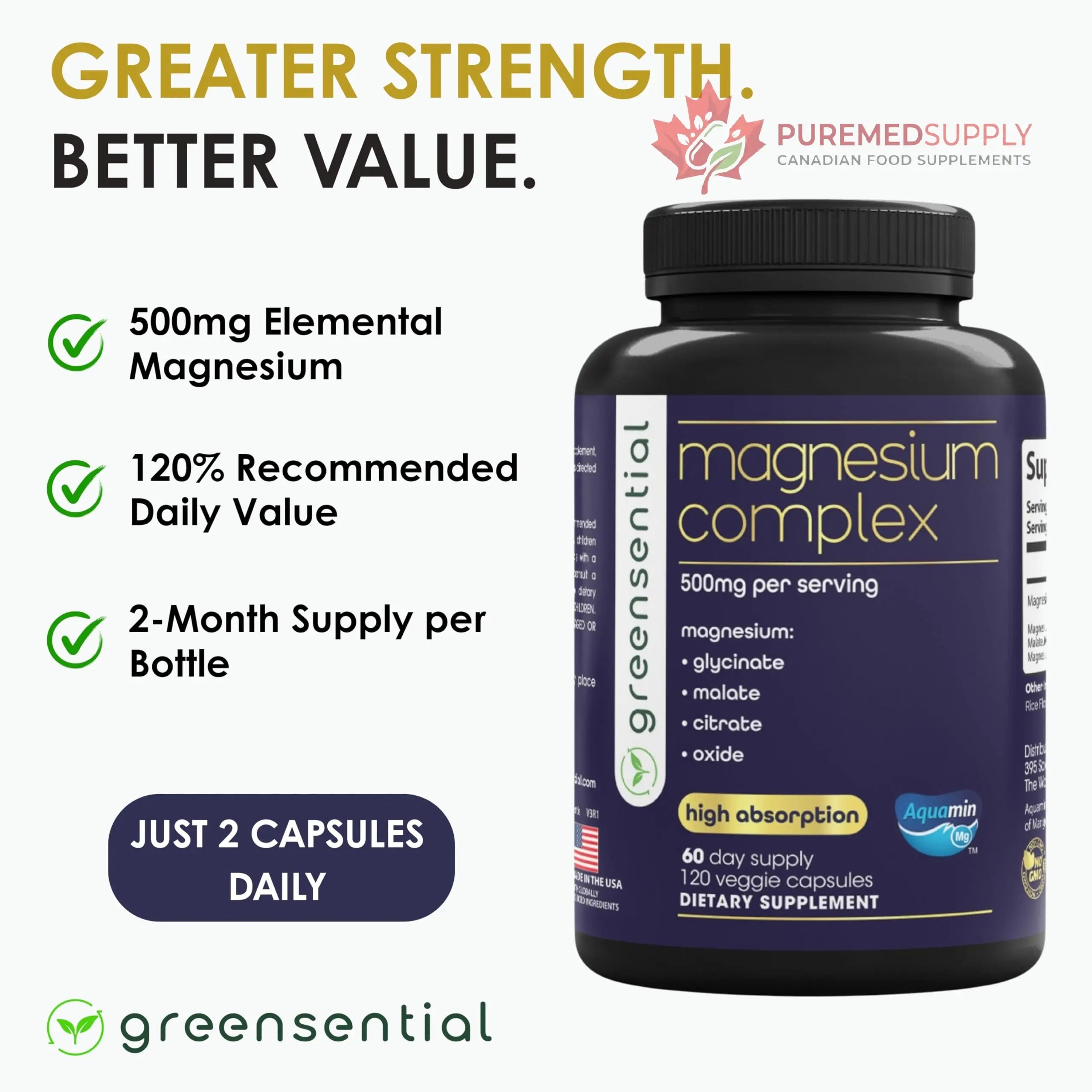 Greensential 5-in-1 Magnesium Complex 500mg | Glycinate, Malate, Citrate, Oxide & Aquamin® | for Sleep, Muscle & Heart Support | High Absorption, Vegan, 120 Capsules Greensential buy supplements canada