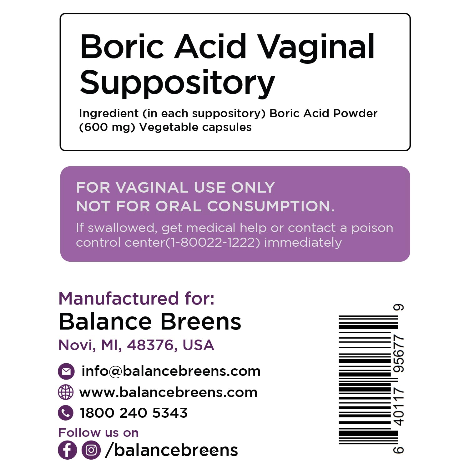 Boric Acid Suppositories for Women, 600 mg, 30 Vaginal Use Capsules - pH Balance Pills, Intimate Health Support, Yeast Infection Treatment, Made in USA (Pack of 1) Balancebreens buy supplements canada