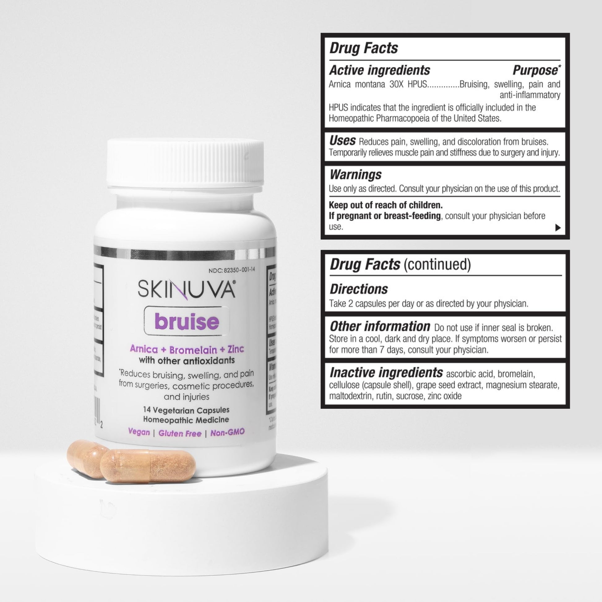 Skinuva® Bruise - Supplement for Bruising and Swelling - A Homeopathic Bruise Remedy Formulated with Arnica, Bromelain & Zinc - 14 Capsules (7-Day Treatment) Skinuva buy supplements canada