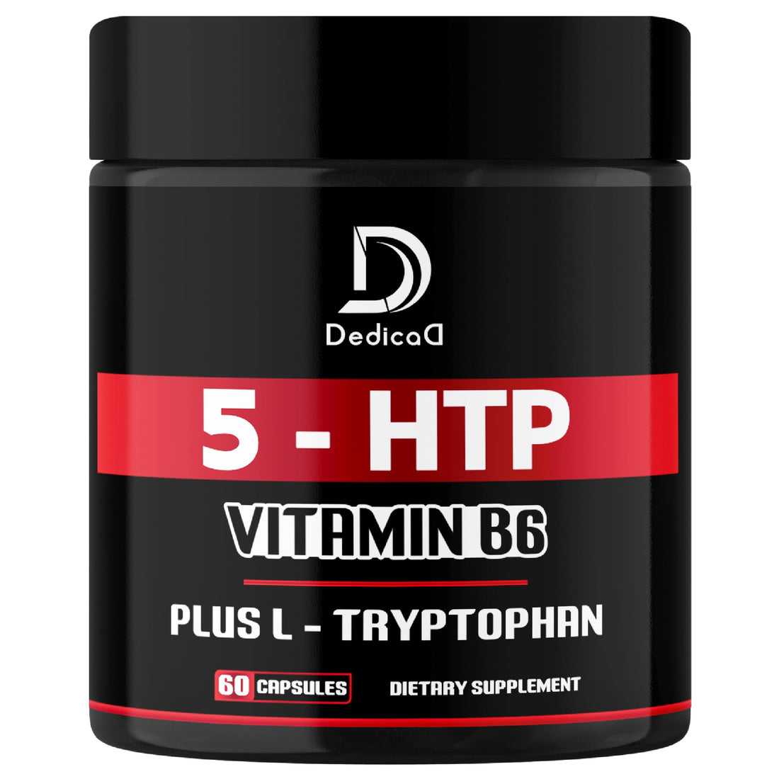 Black supplement container with red and white label displaying '5-HTP, Vitamin B6, L-Tryptophan' on a white background.