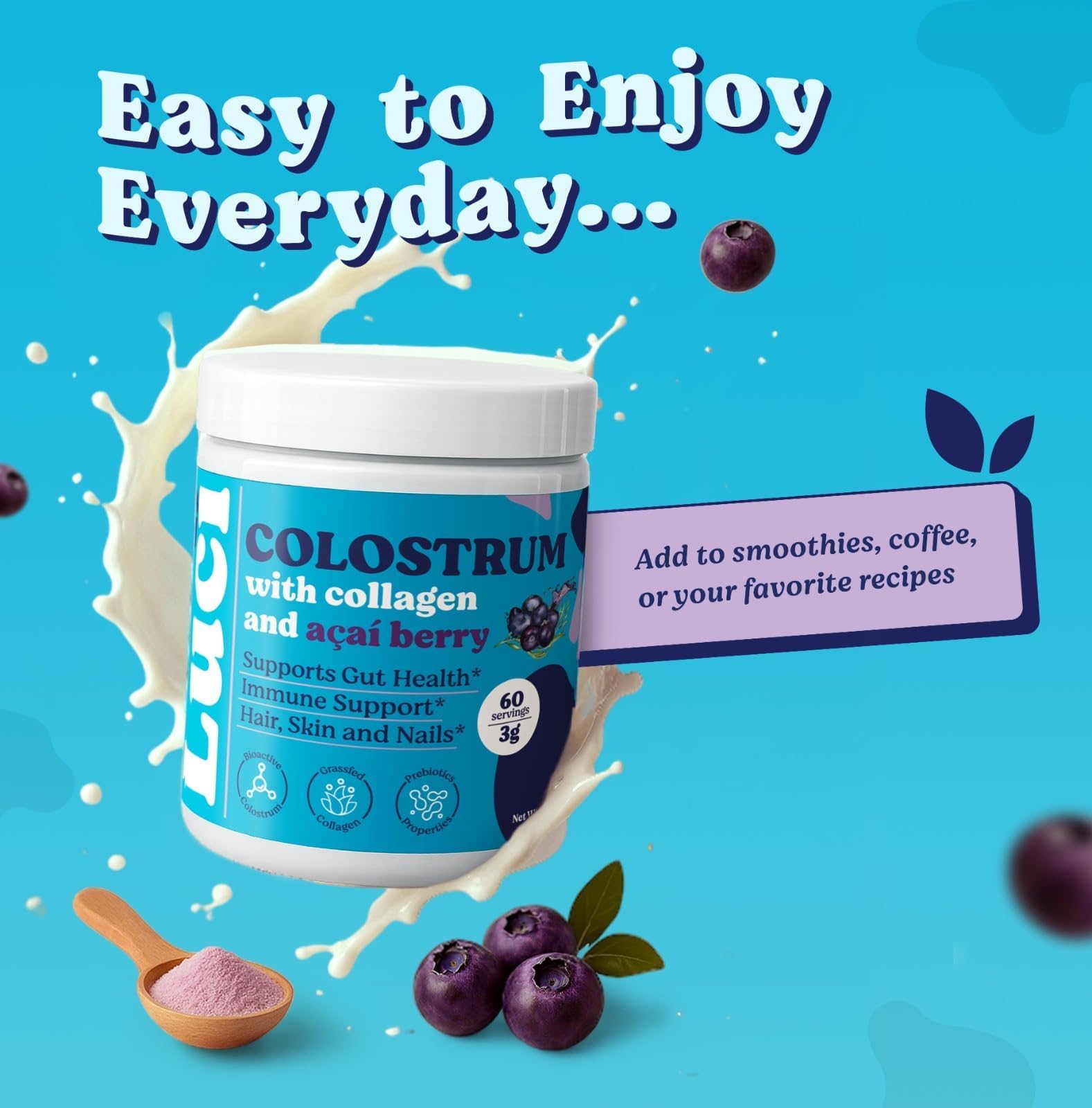 Luci Colostrum Powder 60 Servings, 3 in 1 with Collagen Peptides and Acai, Bovine Colostrum for Gut Health, Bloating, Collagen Protein for Muscle, Skin, Hair, Nails and Immunity, Gluten & Fat Free Luci Nutrition buy supplements canada