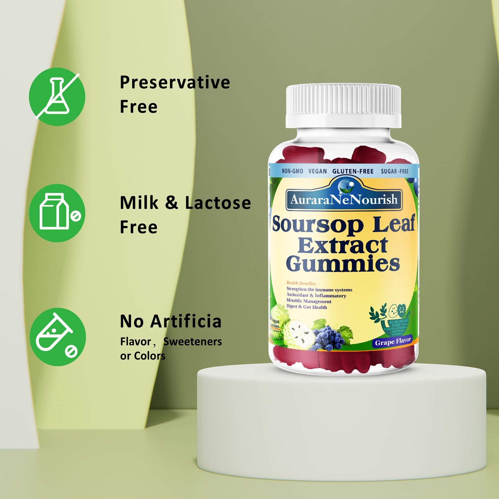 AuraraNeNourish Sugar Free Soursop Gummies with Probiotics & Fiber 100 Billion CFUs, Organic Soursop Leave Extract with Vitamin C B-Complex for Digestive Gut Health, Energy Balance, Immune Boost AuraraNeNourish buy supplements canada
