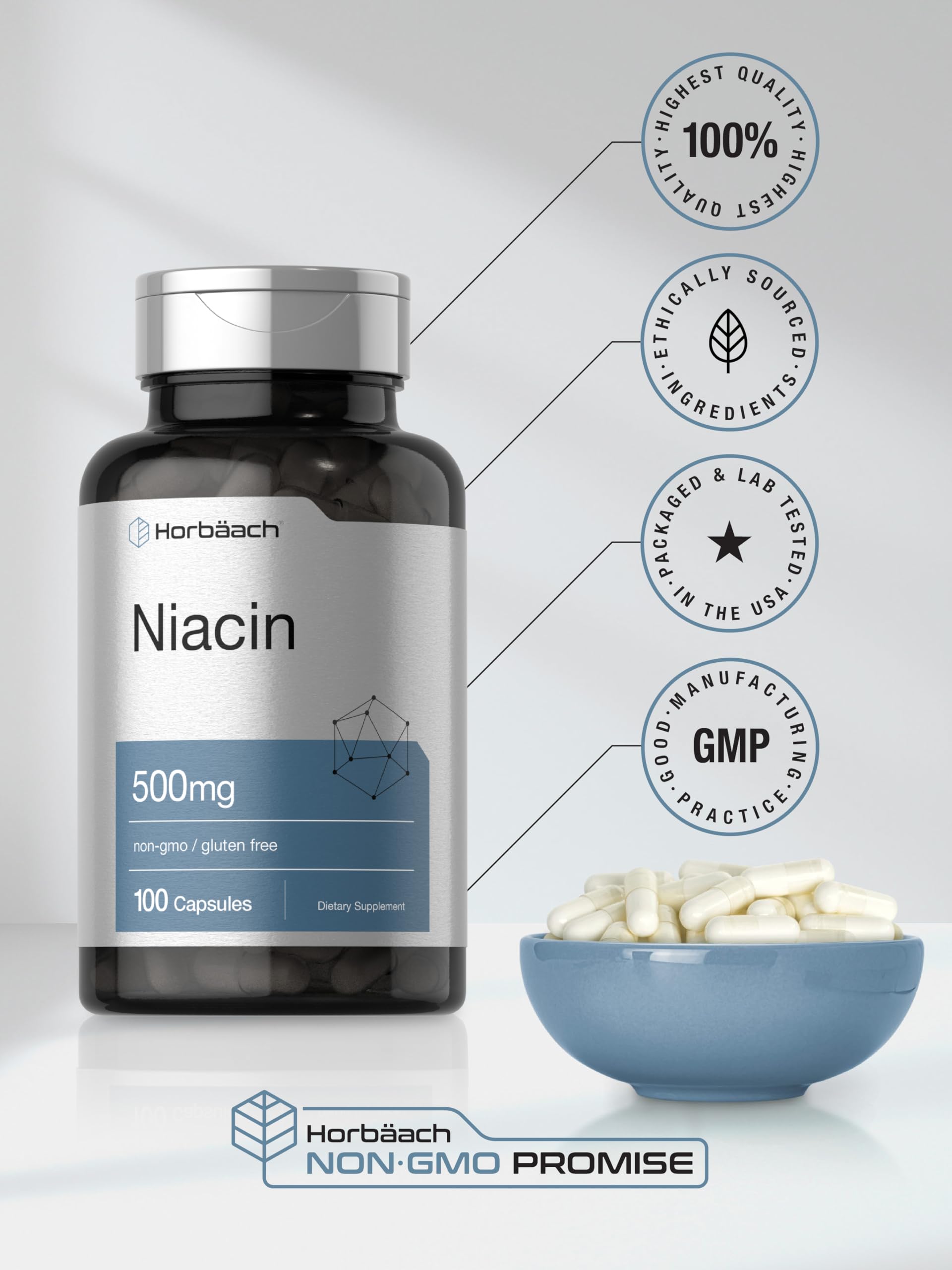 Niacin | Vitamin B3 500mg | 100 Capsules | with Flushing | Non-GMO, and Gluten Free Horbäach buy supplements canada